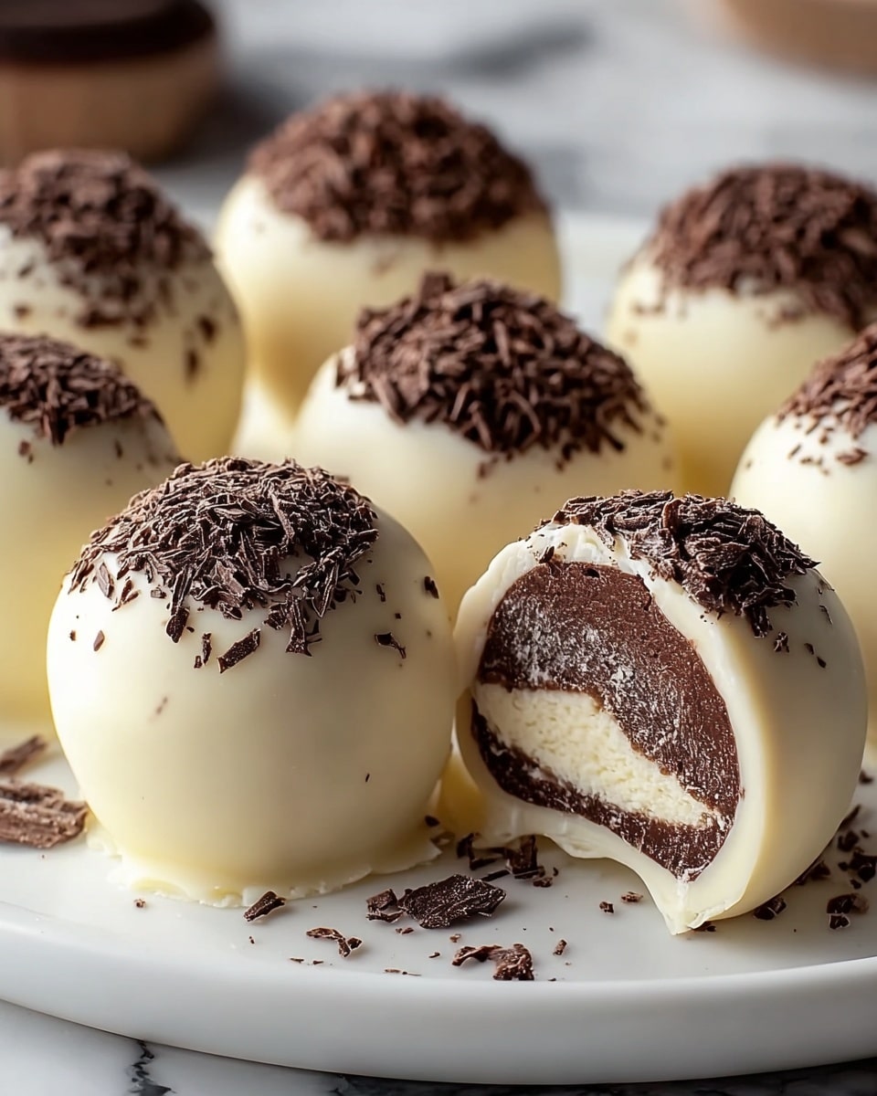 The image shows smooth round truffles placed on a white plate with a white marbled texture background. There are two types of truffles: some coated in dark brown chocolate with fine chocolate shavings on top, and others coated in creamy white chocolate with dark chocolate drizzled over the top and sprinkled with chocolate shavings. The truffle in the front is cut in half, revealing a dense, pale yellow interior inside the white chocolate shell. Small chocolate flakes and crumbs are scattered around the plate. Photo taken with an iphone --ar 4:5 --v 7