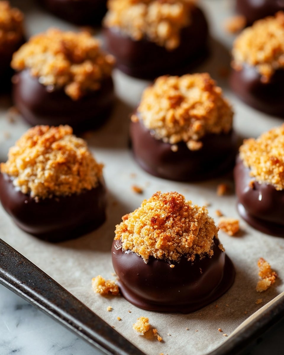 The image shows several round chocolate-covered treats placed on a baking tray lined with parchment paper, all set on a white marbled texture. Each treat has a smooth, dark brown chocolate layer on the bottom and sides, topped with a rough, crumbly golden-brown layer that looks crunchy and uneven. The treats are arranged in rows on the tray, with a soft focus on those in the back, highlighting the texture of the crumbly topping on the ones in the front. Small crumbs are scattered around the tray, enhancing the detailed texture. Photo taken with an iphone --ar 4:5 --v 7