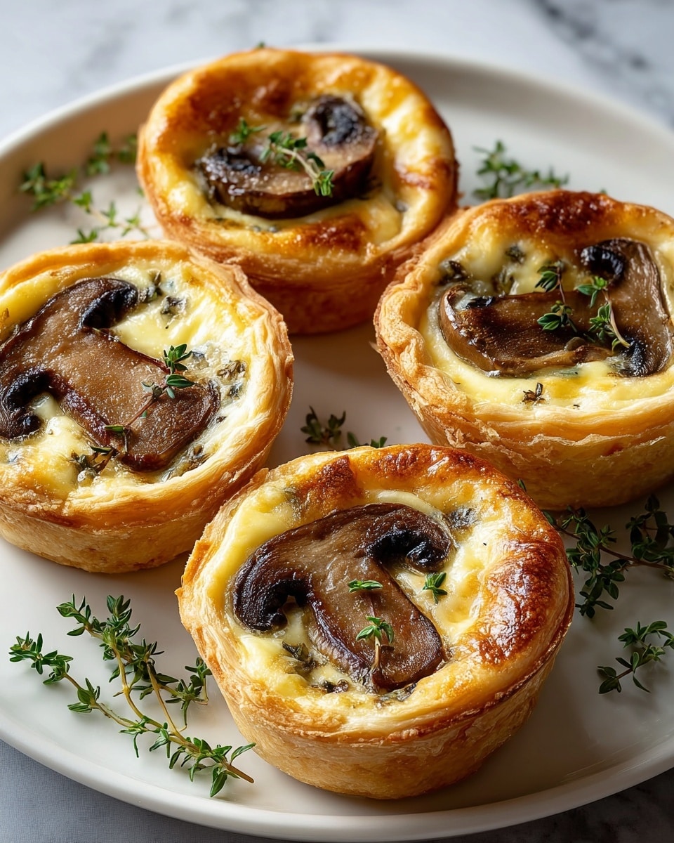 Four golden brown mini quiches sit on a white plate, each with a thick, flaky crust that forms a raised edge around the soft, creamy filling. The creamy filling is light yellow with flecks of dark green herbs mixed in, topped with two to three caramelized brown mushroom slices per quiche. Small fresh sprigs of green thyme are scattered delicately on top of the quiches and around the plate, resting on a white marbled surface beneath. Photo taken with an iphone --ar 4:5 --v 7
