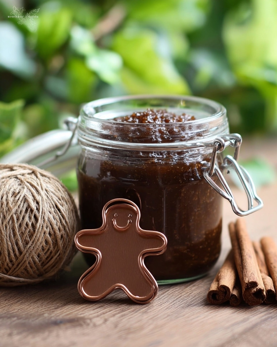 A clear glass jar with a silver clasp lid is filled with dark brown, chunky spread that looks textured and thick. In front of the jar is a copper-colored gingerbread man cookie cutter with smooth edges. The jar sits on a brown wooden surface alongside two cinnamon sticks on the right side and a thick ball of natural-colored twine to the left. The background shows blurry greenery, adding a fresh, natural look. photo taken with an iphone --ar 4:5 --v 7