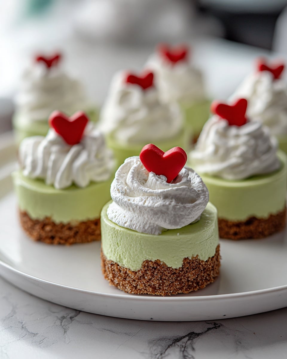 The image shows several small round desserts arranged on a white plate placed on a white marbled surface. Each dessert has three layers: the bottom layer is a rough-textured, crumbly brown base; the middle layer is a smooth, creamy, light green mousse-like filling; on top of this is a fluffy white whipped cream swirl. Each whipped cream swirl is topped with a small red heart-shaped decoration. The focus is on the front dessert, with other similar desserts blurred in the background. Photo taken with an iphone --ar 4:5 --v 7