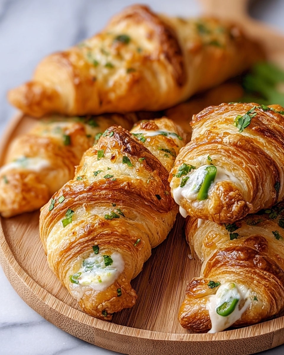 The image shows several golden brown, flaky croissants arranged on a round wooden board. Each croissant is twisted and split open near the middle, revealing a creamy white cheese filling with small green pieces, likely herbs or sliced jalapeños, topped with sprinkled fresh green herbs. The croissants have a crisply baked texture with some darker browned patches on top, emphasizing their puffiness and layered dough. The wooden board rests on a white marbled surface, creating a clean and bright backdrop. Photo taken with an iphone --ar 4:5 --v 7