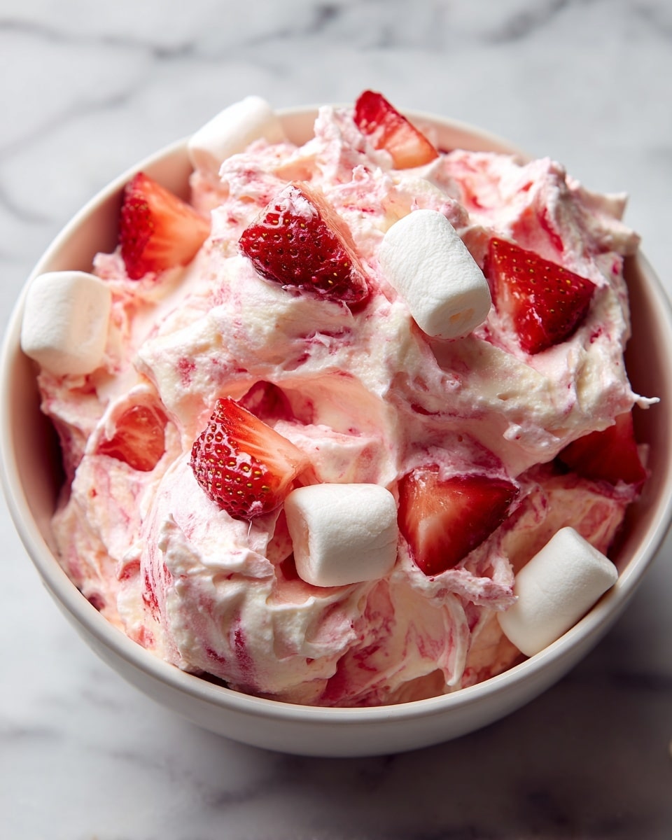 A close-up view of a white bowl filled with a creamy dessert that has light pink swirls throughout a fluffy, whipped texture. Scattered on top and mixed inside are bright red strawberry pieces, both whole and sliced, showing their juicy, seeded surfaces. Small, soft, white marshmallows are dispersed around, adding contrast to the pink cream and red strawberries. The bowl sits on a white marbled surface, and the image captures the dessert’s smooth and airy texture with vibrant colors. photo taken with an iphone --ar 4:5 --v 7