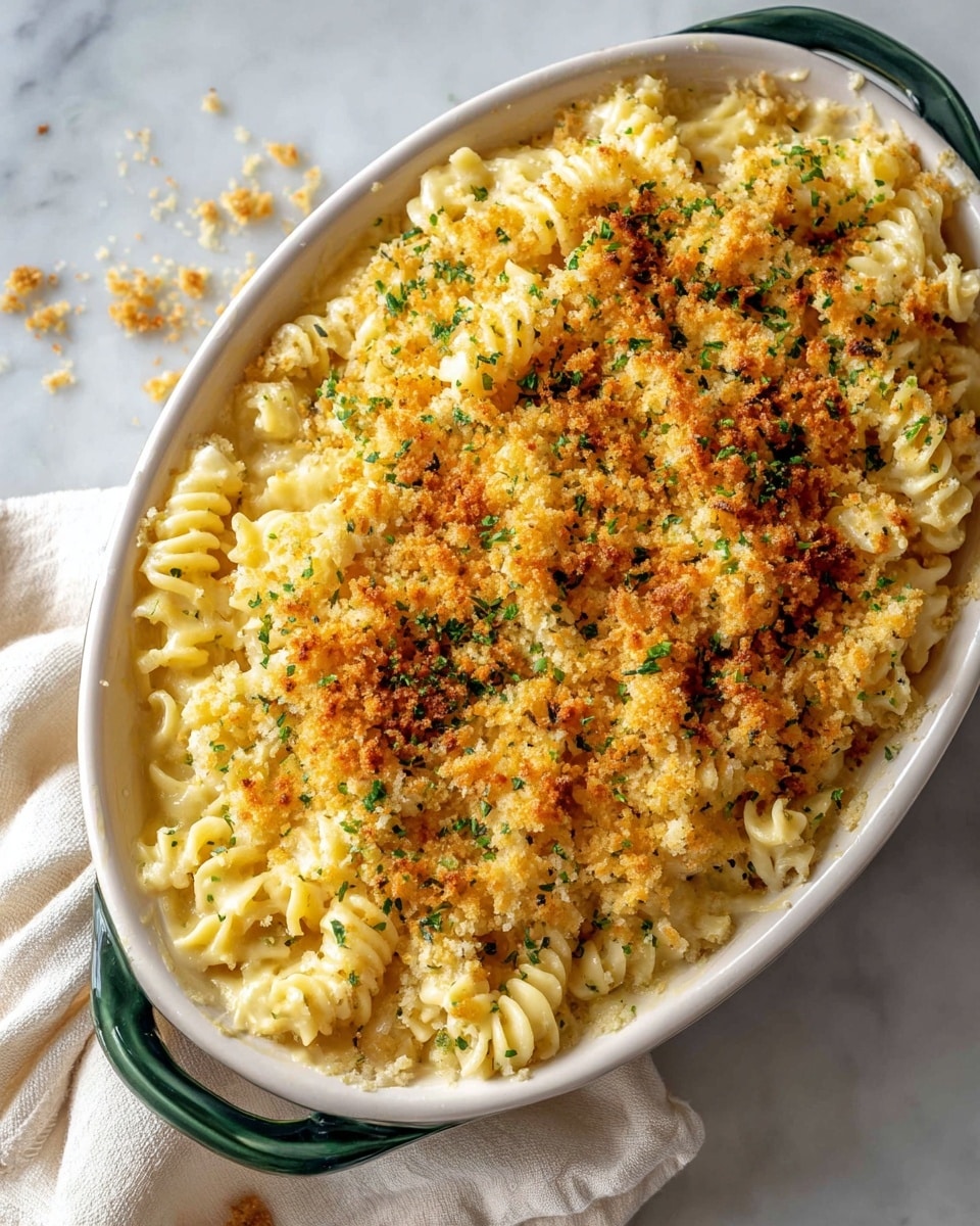 A white dish filled with creamy macaroni and cheese baked with a golden brown crispy breadcrumb topping dotted with small green herb bits. The pasta is spiral-shaped, coated thickly with smooth, melted cheese that stretches as a gold spoon lifts a scoop out from the dish. The cheese sauce appears rich and creamy underneath the crunchy top layer, creating two visible layers of texture. The whole scene is set on a white marbled surface. photo taken with an iphone --ar 4:5 --v 7