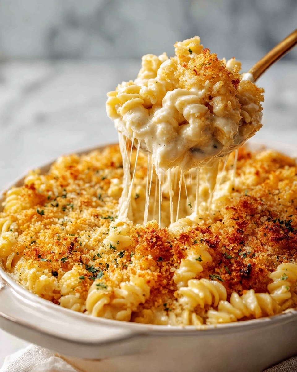 The image shows a baked pasta dish in a white oval ceramic dish with green handles, placed on a white marbled surface with a cream-colored cloth beside it. The pasta is spiral-shaped and coated in a creamy, light yellow cheese sauce. The top layer is covered with a golden-brown crumb crust that is slightly toasted with some darker, crispier spots, and sprinkled lightly with green herb bits. Some toasted crumbs have fallen around the dish onto the surface. photo taken with an iphone --ar 4:5 --v 7