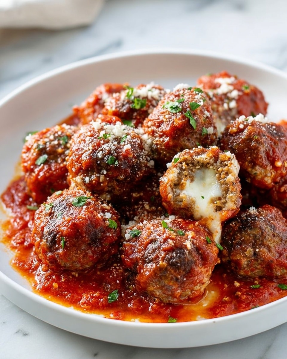 A white plate filled with several meatballs coated in a thick red tomato sauce, with a few meatballs showing white melted cheese inside. The meatballs are browned and sprinkled with small bits of green herbs and a light dusting of grated cheese on top. The sauce is chunky with visible tomato pieces, pooling around the meatballs at the bottom of the plate. The plate is set on a white marble surface with soft natural lighting highlighting the glossy and textured look of the sauce and meatballs. Photo taken with an iphone --ar 4:5 --v 7