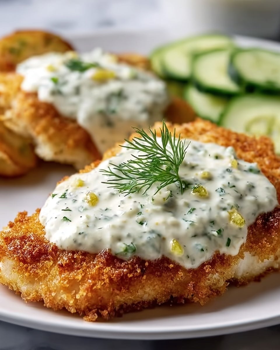 A close-up of a golden-brown breaded fish fillet with a crispy texture on a white plate, topped with a thick layer of creamy white sauce mixed with finely chopped green herbs and small yellow bits, finished with a small sprig of fresh dill placed on top; in the background, partially visible pieces of similarly breaded fish and slices of cucumber add green and light tones to the scene, all set against a white marbled surface. photo taken with an iphone --ar 4:5 --v 7