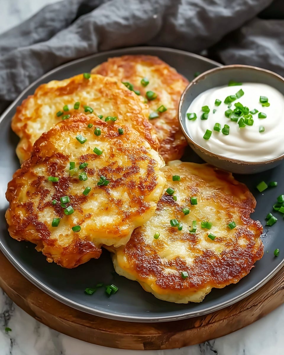 Four golden brown pancakes with uneven edges and crispy textures are stacked on a round white plate, sprinkled with small green chive pieces on top. Next to the pancakes is a small round bowl filled with smooth, white sour cream, also garnished with chopped chives. The plate is set on a rustic wooden board over a white marbled surface. A blurry folded white cloth is visible in the background. photo taken with an iphone --ar 4:5 --v 7