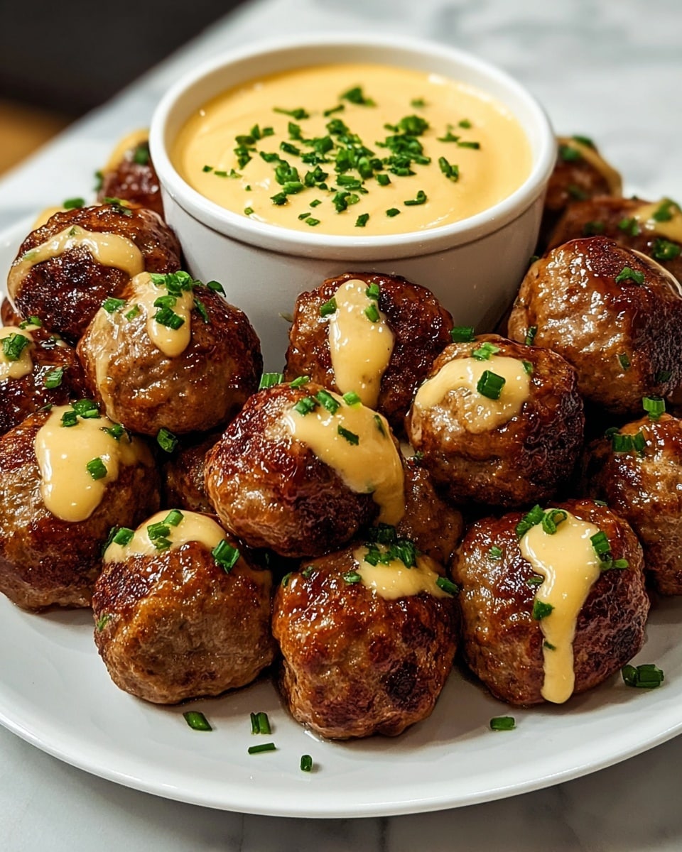 A white plate filled with about twelve shiny, golden-brown meatballs arranged tightly together in a circular shape. Each meatball is topped with a smooth, light beige sauce that drips slightly down the sides. Scattered small pieces of chopped green herbs add a fresh touch on top of the meatballs. In the center back of the plate, there is a white small bowl filled with the same beige sauce, also sprinkled with green herbs. The whole dish sits on a white marbled surface. photo taken with an iphone --ar 4:5 --v 7