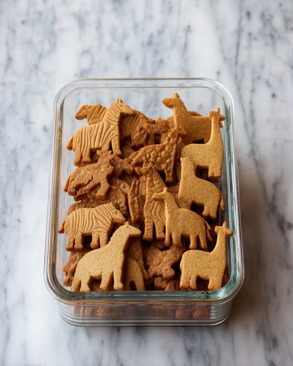 A clear rectangular glass container filled with multiple golden brown animal-shaped cookies stacked in layers, including elephants, giraffes, and zebras, with the giraffes standing out as some are placed on top of others; the texture of the cookies is slightly rough with visible baked edges. The container is set on a white marbled surface. photo taken with an iphone --ar 4:5 --v 7
