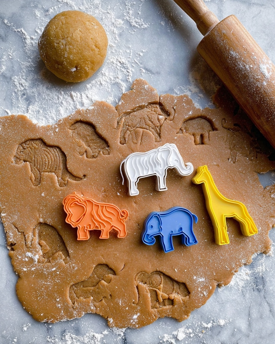 A white marbled textured surface shows a large rolled-out sheet of brown dough with shapes of animals cut out, including elephants, a lion, a zebra, and a giraffe. Four colorful animal-shaped cookie cutters in orange, white, blue, and yellow rest on the dough, matching some of the cut shapes. A wooden rolling pin with some flour on it lies to the left, and a round ball of dough sits near the top left corner. There is light dusting of flour scattered around on the surface. Photo taken with an iphone --ar 4:5 --v 7