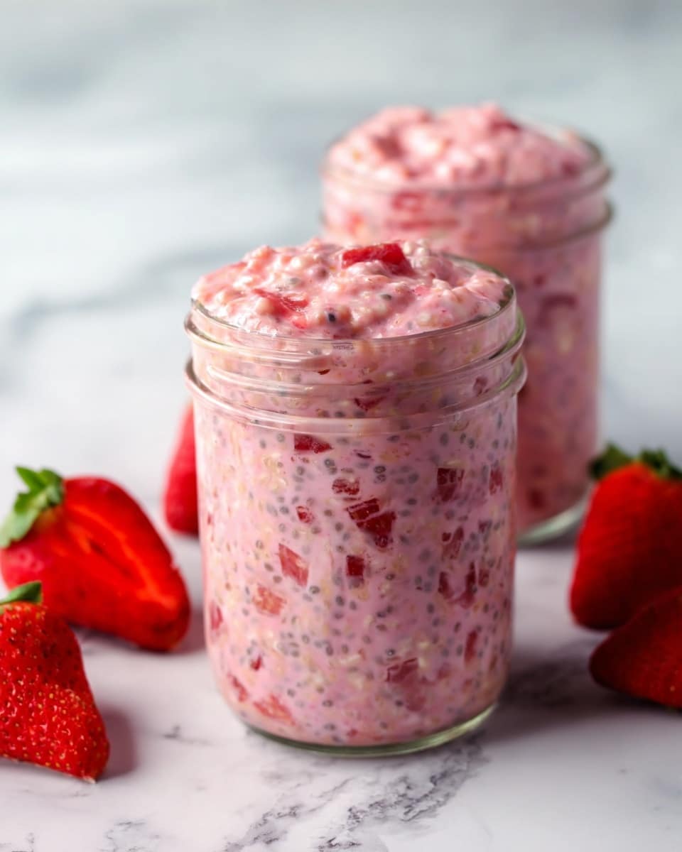 Two clear glass jars sit on a white marbled surface, each filled with a pink creamy mixture full of small black chia seeds and chunks of red strawberry pieces. The mixture slightly overflows the jar tops, showing a thick, textured consistency with visible bits of fruit throughout. Around the jars, fresh whole strawberries rest on the marbled surface, adding a vibrant red color contrast. The focus is sharp on the front jar, highlighting the creamy, chunky texture of the pink strawberry chia mixture. photo taken with an iphone --ar 4:5 --v 7
