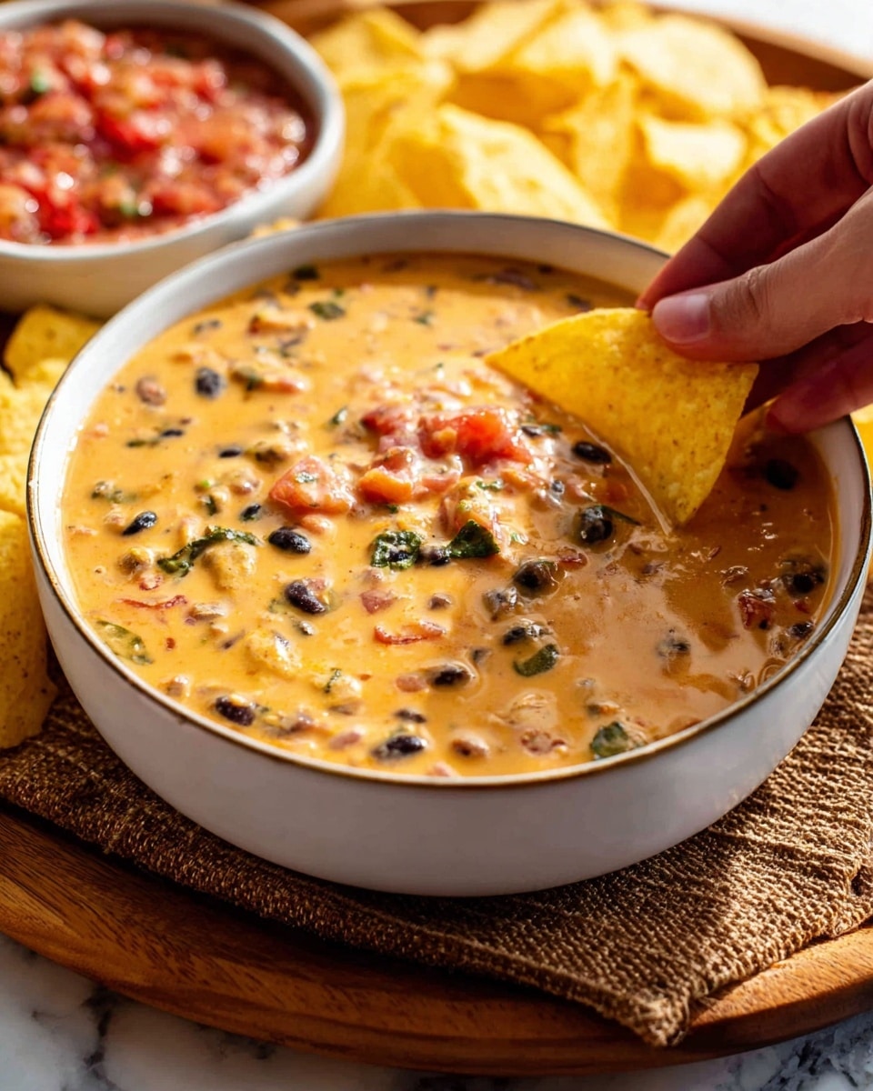 A bowl filled with creamy orange cheese dip that has visible black beans, small tomato pieces, and green herbs mixed inside, giving it a chunky texture. The bowl is white and sits on a brown woven cloth on top of a wooden board, with part of a white marbled surface visible underneath. A woman's hand holds a large, round, yellow corn tortilla chip, dipping it into the cheesy mixture. In the background, there is a slightly blurred white bowl filled with chunky red salsa, and part of another white plate with yellow tortilla chips can be seen. The lighting is natural, highlighting the glossy, rich texture of the cheese dip. photo taken with an iphone --ar 4:5 --v 7