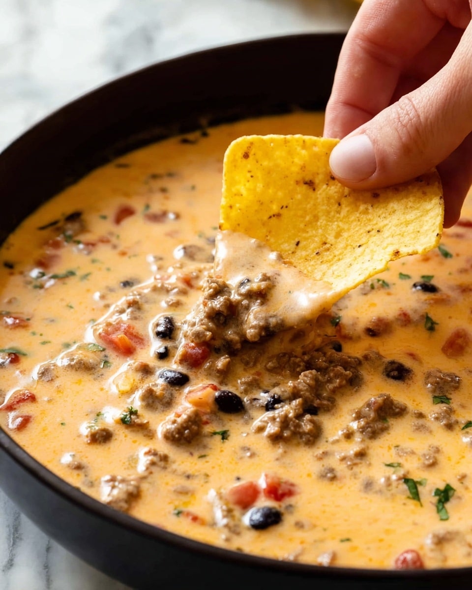 A close-up view shows a black bowl filled with creamy cheese dip that has a smooth, light orange color. The dip contains visible layers of browned ground meat, black beans, small tomato pieces, and green herbs mixed throughout, creating a speckled texture. A yellow tortilla chip is held by a woman's hand, partially dipped into the cheesy sauce, with the chip's rough texture and edges clearly visible. The background surface is a white marbled texture. photo taken with an iphone --ar 4:5 --v 7