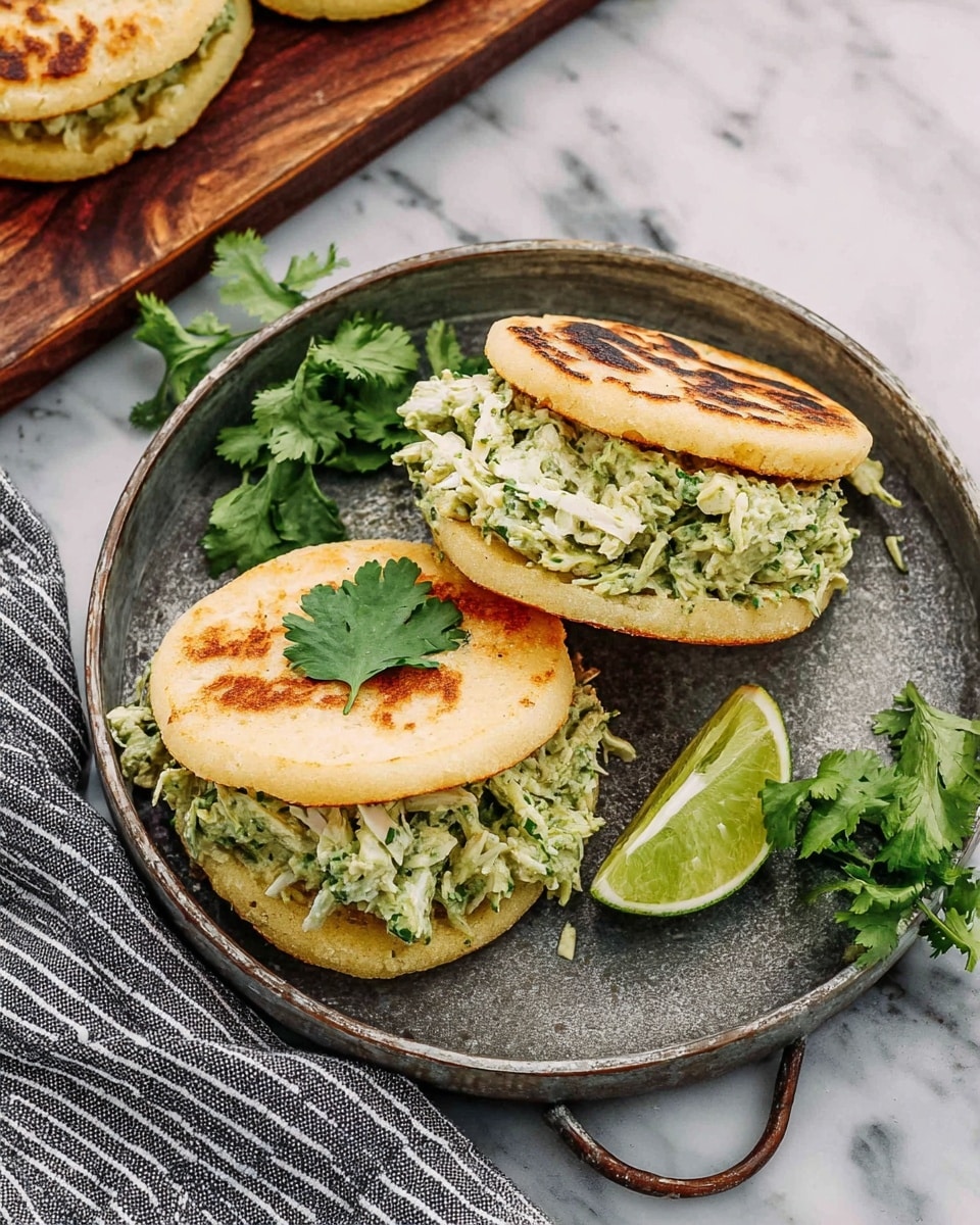 The image shows several arepas with a golden brown, slightly charred outer layer, each split open horizontally and filled with a creamy, light green mixture of shredded chicken and herbs. The arepa bread looks thick and soft with a slightly rough texture, stacked and arranged on a wooden board. Some arepas are closed and round, while others are open, displaying the filling inside. Fresh green cilantro leaves are scattered around the arepas, along with a few wedges of lime placed at the back, adding a fresh touch. The background is a white marbled texture. Photo taken with an iphone --ar 4:5 --v 7