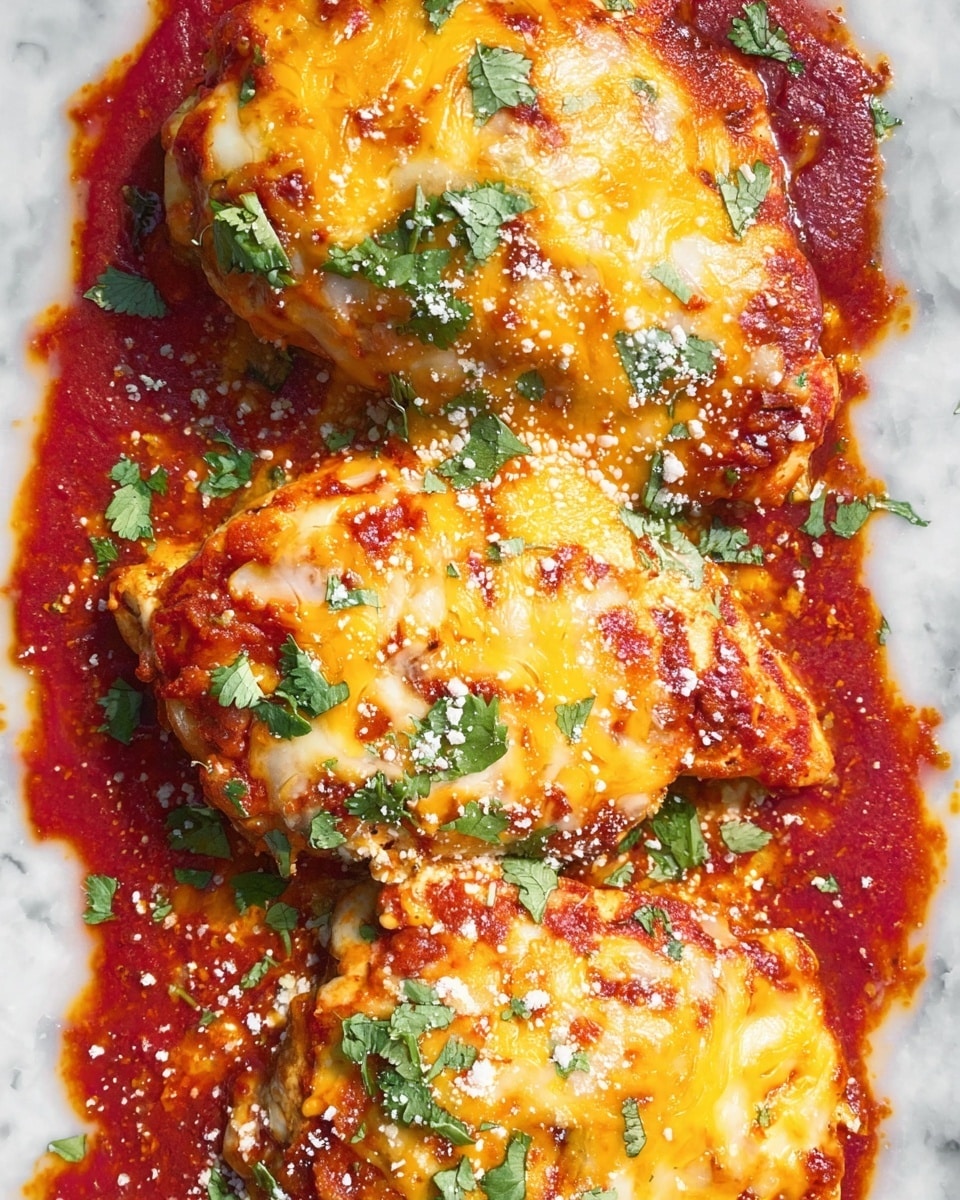The image shows three pieces of chicken breast, each covered with a layer of melted orange cheddar cheese that has a slightly stretchy texture. Under the cheese, the chicken appears to be cooked with a slightly browned surface, visible around the edges. The chicken is placed in a thick, bright red tomato sauce that has a smooth texture with small bits, filling the white marbled surface around them. The dish is garnished with small leaves of fresh green cilantro and sprinkled with a fine dusting of white grated cheese scattered evenly over the top. photo taken with an iphone --ar 4:5 --v 7