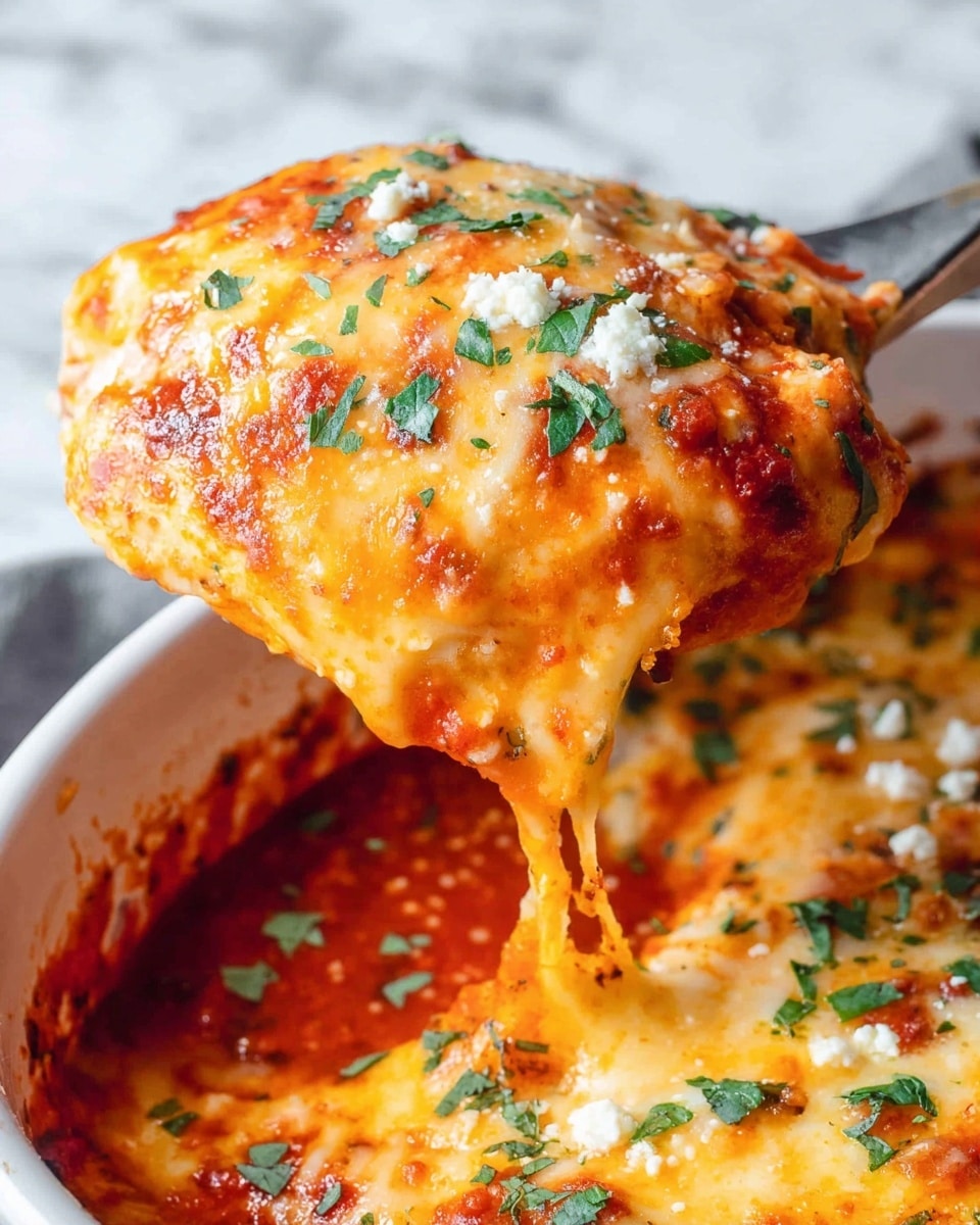 A close-up of a cheesy baked dish being lifted by a spatula from a white baking dish, showing a single thick layer of melted orange cheese mixed with bubbly red tomato sauce underneath; the surface is sprinkled with small white cheese crumbles and chopped bright green herbs scattered evenly, the cheese stretches slightly as it lifts, while the rich red sauce contrastingly pools below; the background surface is a white marbled texture. photo taken with an iphone --ar 4:5 --v 7