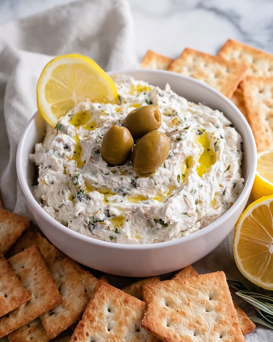A white bowl holds a creamy white spread mixed with small bits of green herbs, topped with a drizzle of olive oil. Four shiny green olives sit on top in the center. A thin lemon slice leans against the side of the spread inside the bowl. Around the bowl, square crackers with light golden brown color are arranged, some leaning against the bowl. There is a lemon half placed near the bowl, resting on a cloth with soft folds. The background is a white marbled surface. photo taken with an iphone --ar 4:5 --v 7