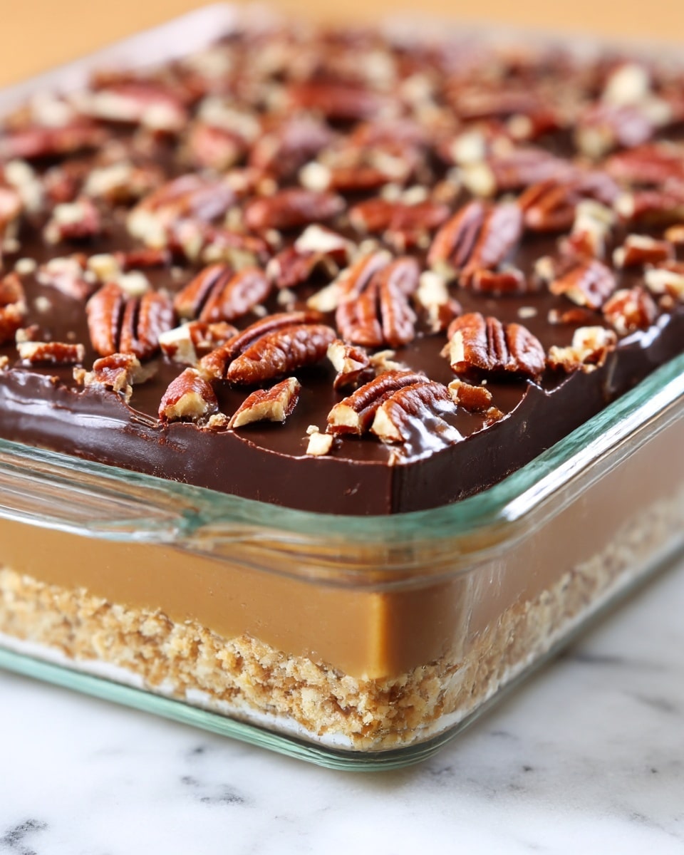 A close-up of a three-layer dessert in a clear glass square dish on a white marbled surface. The bottom layer is a crumbly, golden brown crust. The middle layer is smooth and light caramel brown, slightly thicker than the crust. The top layer is a glossy, dark chocolate coating covered evenly with broken pieces of reddish-brown pecans, creating a textured surface with nutty details. Photo taken with an iphone --ar 4:5 --v 7