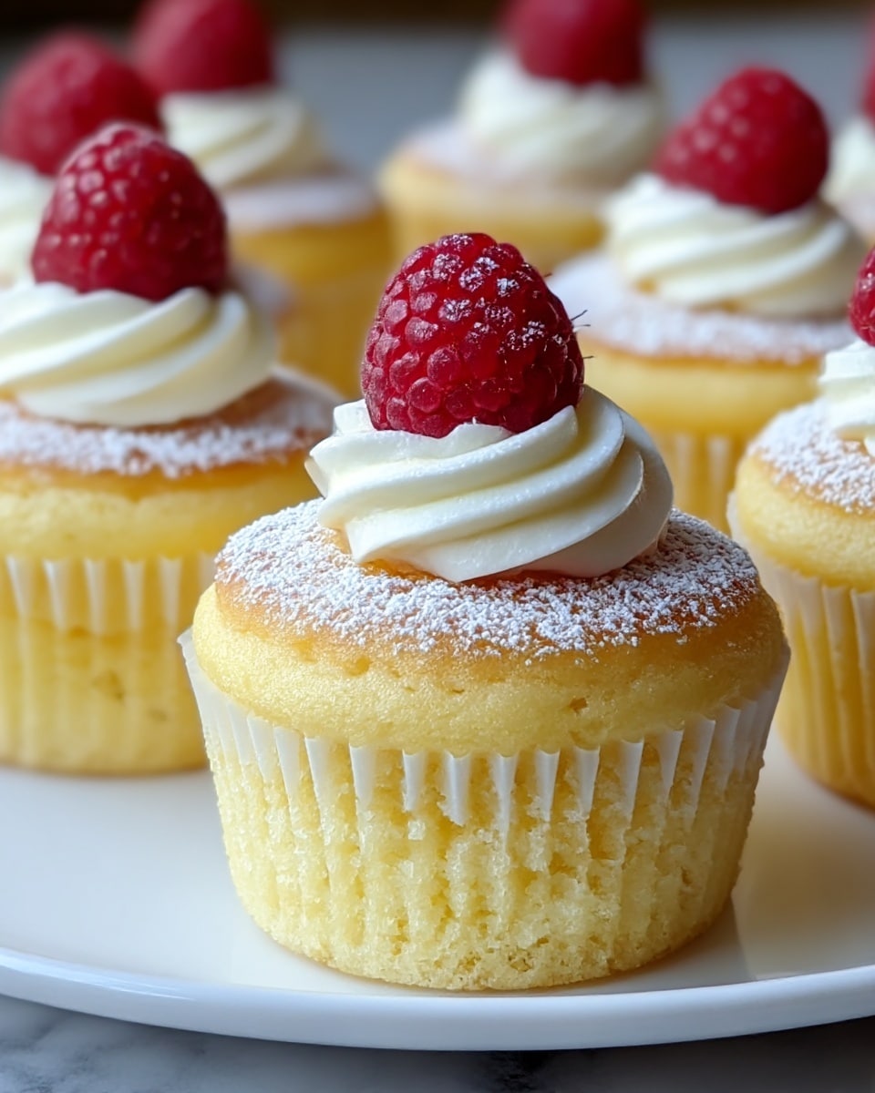 The image shows a group of light yellow cupcakes with a golden brown top, each in white cupcake liners. Each cupcake has a small swirl of white cream on top, crowned with a single red raspberry dusted lightly with powdered sugar. The cupcakes are placed closely together on a white plate set on a white marbled texture surface. The lighting highlights the soft texture of the cupcakes and the fine details of the raspberries. photo taken with an iphone --ar 4:5 --v 7