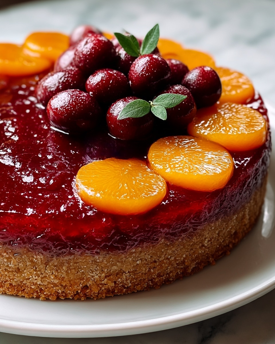 A round tart with three visible layers sits on a white plate against a white marbled background. The bottom layer is a coarse, crumbly brown crust. Above that is a thick, shiny deep red jelly-like layer that covers the entire tart top, holding the fruit in place. The top decorative layer has bright orange circular slices arranged along the edge, each glossy and slightly translucent. Inside this ring is a cluster of whole dark red cherries with a shiny surface, topped in the center with a small sprig of three fresh green leaves. photo taken with an iphone --ar 4:5 --v 7