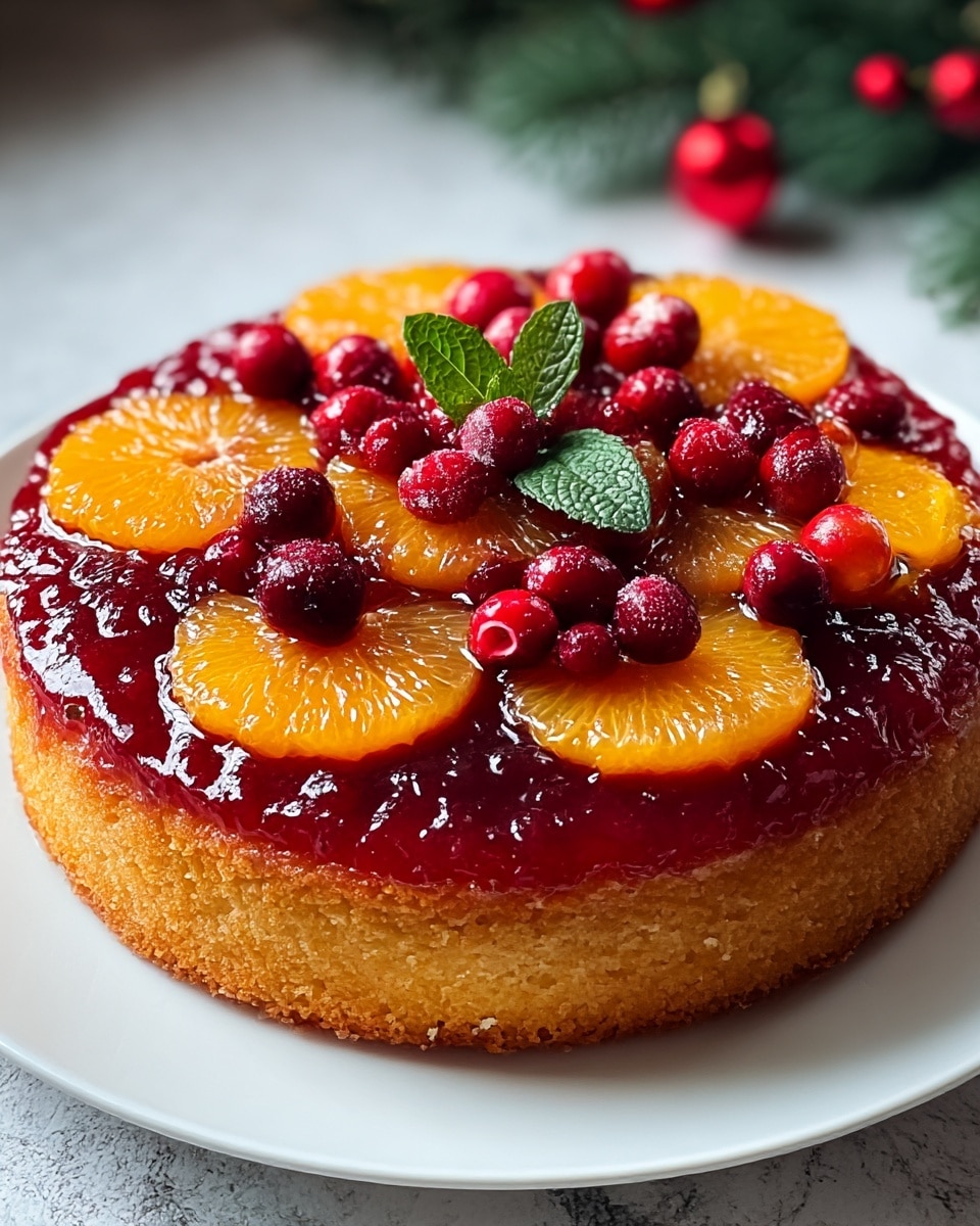 A single-layer round cake with a golden-brown crust bottom is topped with a shiny, deep red fruit glaze covering the entire surface. The top layer displays a neat circular pattern of bright orange mandarin slices around the edge, with glossy red cranberries filling the center, accompanied by a single bright green mint leaf in the middle for contrast. The cake sits on a white plate, placed against a white marbled textured surface, with some blurred green and red festive decorations in the background. photo taken with an iphone --ar 4:5 --v 7