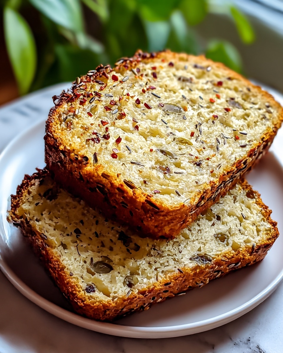 Two thick slices of bread sit on a white plate, each slice showing a golden-brown crust and a soft, pale yellow inside filled with small dark seeds and green olives. The top layer is slightly crispy and sprinkled with seasoning that looks like red pepper flakes and herbs. The bread's texture is moist and dense with a mix of rough seed bits throughout. The plate rests on a white marbled surface with blurred green plants in the background, adding a fresh feel. Photo taken with an iphone --ar 4:5 --v 7