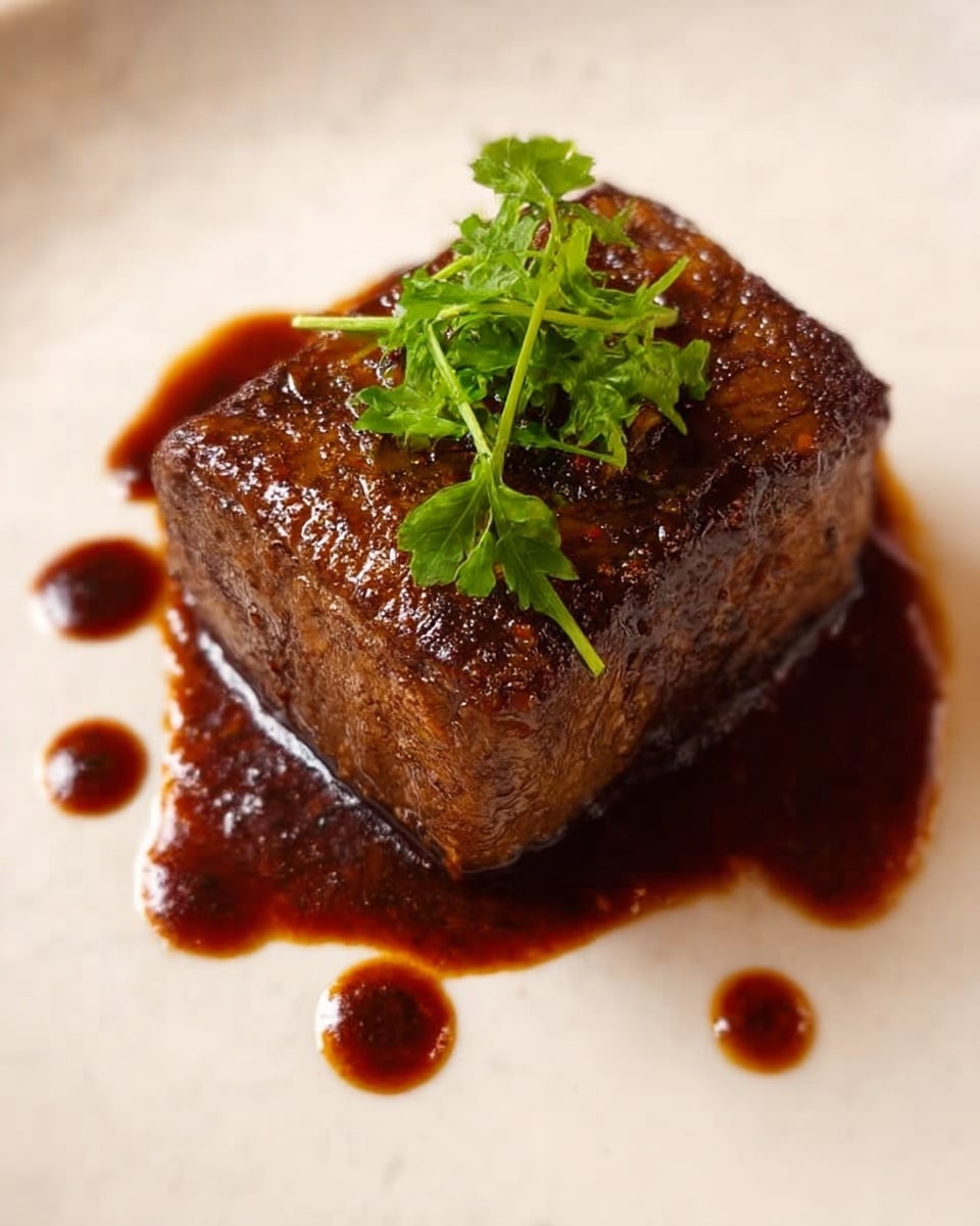 A thick, square-shaped piece of cooked steak with a browned, slightly charred texture sits in the center of a white plate with a white marbled texture background. The steak is topped with a small, fresh sprig of green parsley. A dark brown sauce with a glossy appearance covers part of the steak and is also dotted around the plate in small circular drops. The dish looks rich and savory. photo taken with an iphone --ar 4:5 --v 7