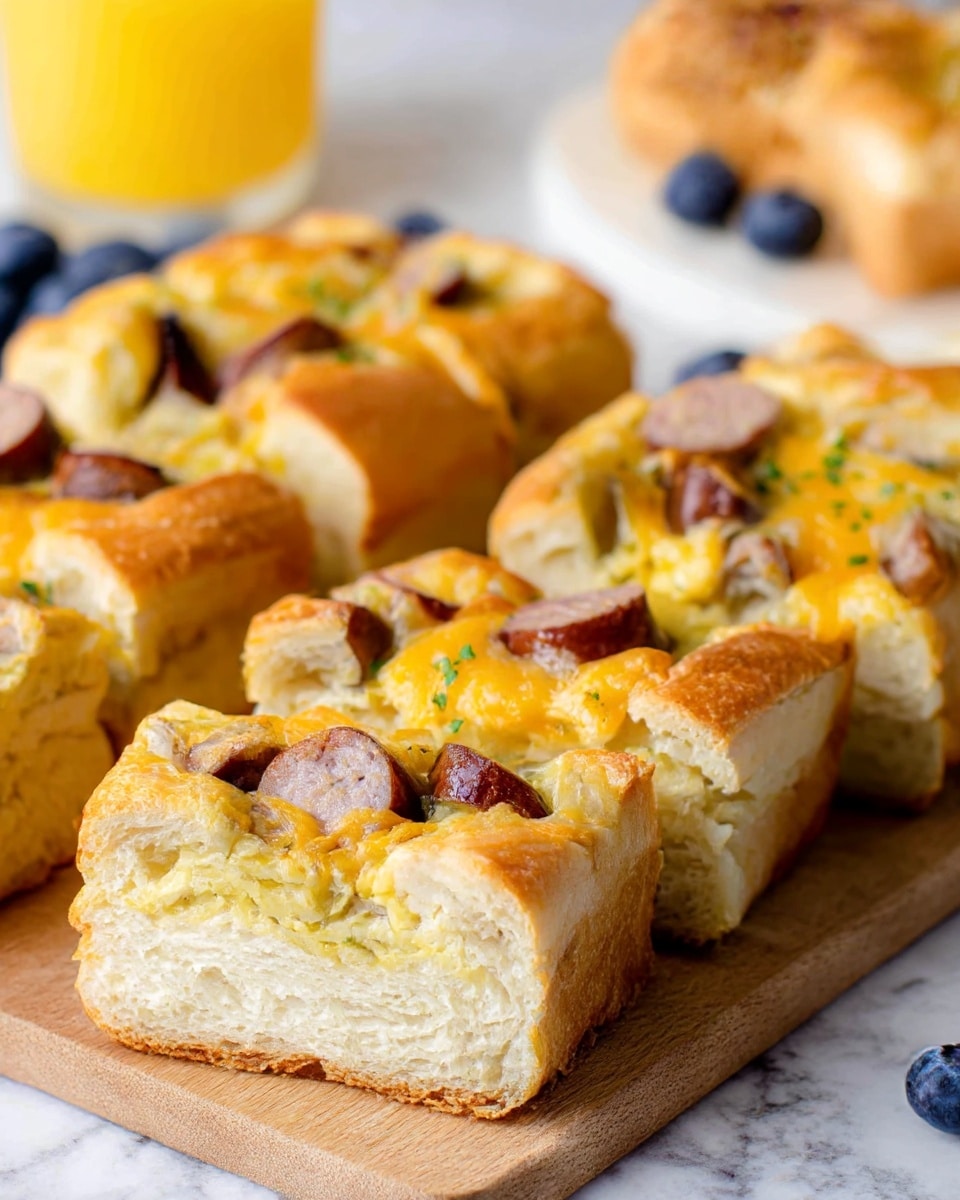 The image shows several thick slices of a baked bread dish arranged on a wooden board, each slice containing three visible layers: a bottom layer of soft light golden bread with a slightly crusty edge, a middle layer with cooked sausage pieces that are brown and browned on the edges, and a top layer of melted yellow-orange cheese mixed with bits of green herbs. The bread looks soft and fluffy inside, with a golden crust on the outside. In the background, there are some scattered blueberries and a glass of orange juice on a white marbled surface. The photo is taken close-up, showing detailed textures of bread and melted cheese with a slightly blurred background. Photo taken with an iphone --ar 4:5 --v 7