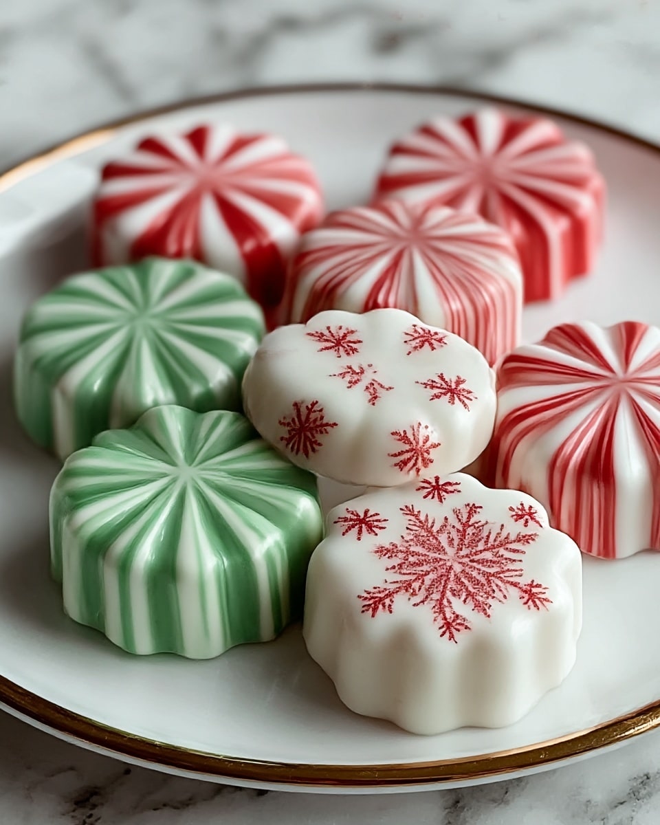A white plate holds seven round mini cakes with a smooth glossy finish, each shaped with eight petals. Five cakes have red and white alternating stripes that start from the center and flow outward, creating a swirling effect. Two cakes have the same shape but with green and white stripes. One cake, placed in the center, is pure white topped with small red snowflake shapes scattered evenly. The plate sits on a wooden surface with a white marbled texture fully in the background, giving a clean and bright look. Photo taken with an iphone --ar 4:5 --v 7