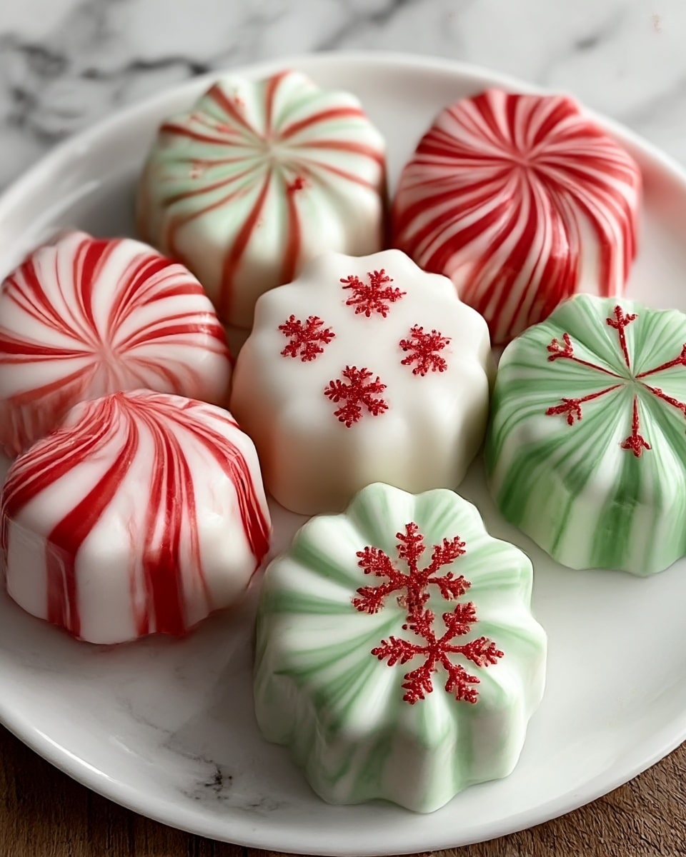 The image shows seven round candies with a flower-like shape, each having a smooth, shiny surface with ridges creating a 3D petal effect. Four candies have red and white stripes radiating from the center, two candies have green and white stripes in the same pattern, and one candy in the middle is white with small red snowflake patterns evenly spread on top. These candies are placed close together on a white plate with a thin gold rim, set against a white marbled surface. photo taken with an iphone --ar 4:5 --v 7