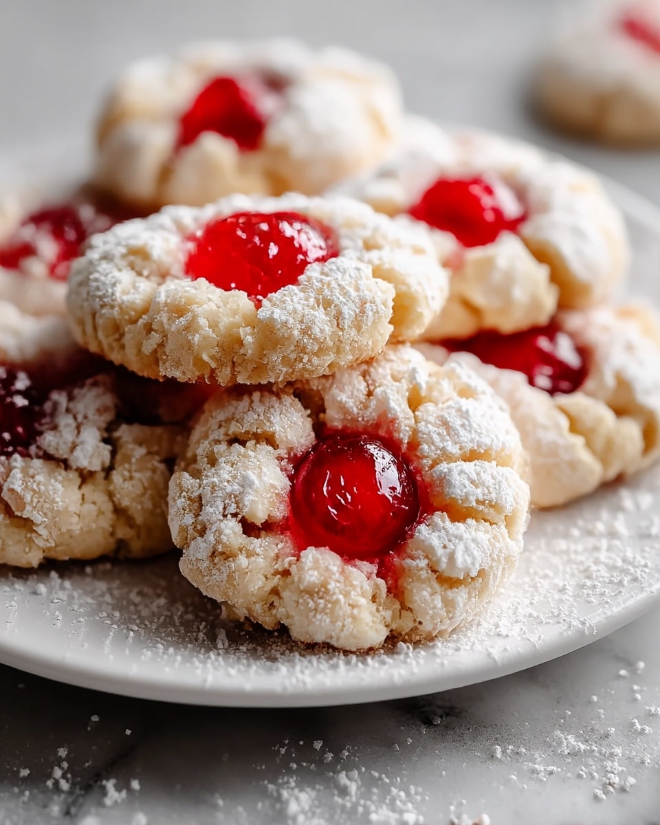 The image shows a white plate full of crumbly cookies, each with a rough light beige texture dusted with white powdered sugar. In the center of each cookie, there are three bright red, glossy cherries nestled closely together, creating a vibrant contrast with the pale cookie. The cookies are thick with a slightly cracked surface, and the powdered sugar is sprinkled both on the cookies and on the white plate around them. The plate is placed on a white marbled textured surface, enhancing the soft, cozy look of the treat. photo taken with an iphone --ar 4:5 --v 7