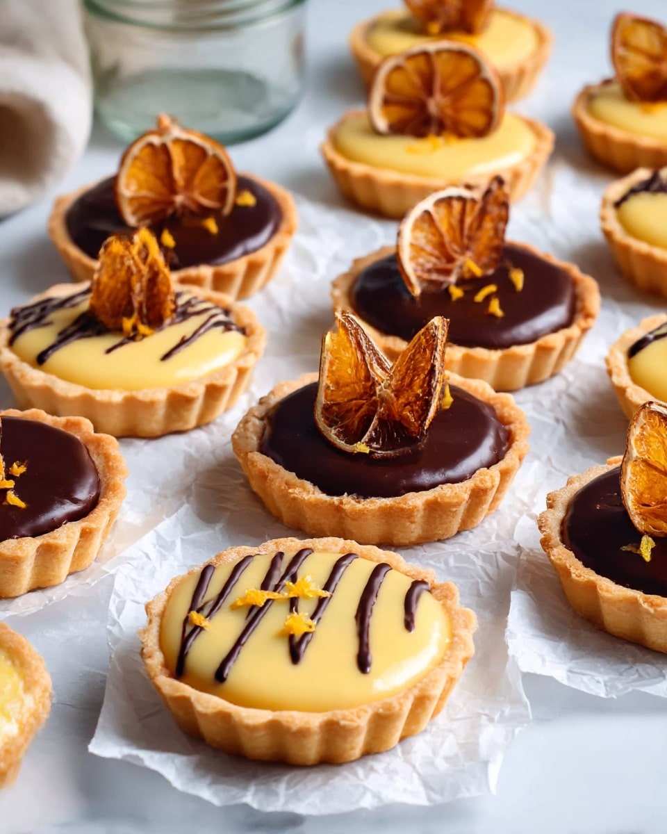 The image shows several small tartlets placed on crumpled white parchment paper over a white marbled surface. Each tartlet has a golden-brown crust and is filled with either a smooth, creamy yellow layer or a thick, glossy dark chocolate layer. The yellow tartlets are decorated with diagonal drizzles of dark chocolate and small pieces of orange zest, while the chocolate-filled tartlets are topped with dried orange slices standing upright in the center. The tarts are arranged in an informal grid, with a glass jar and light cloth partially visible in the background. photo taken with an iphone --ar 4:5 --v 7