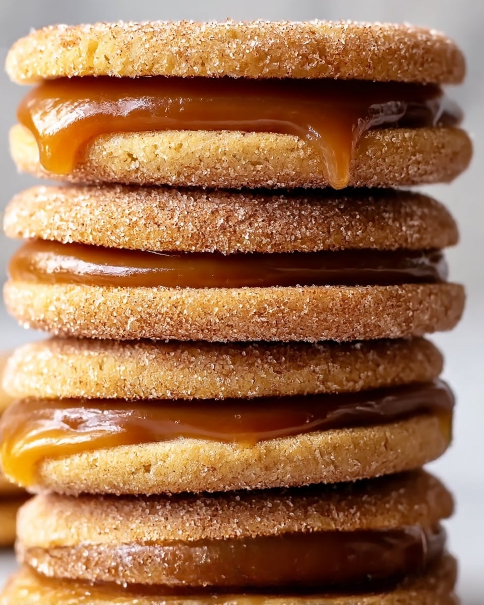 A close-up view of a stack of four sandwich cookies, each with two round, light brown cookies coated in granulated sugar and cinnamon, giving them a grainy texture. Between each cookie pair is a thick layer of smooth, glossy caramel filling that is dark amber in color and slightly oozes out from the edges. The cookies show a soft, cakey texture with a fine crumb, and the caramel filling contrasts with its creamy, shiny surface. The background is a white marbled texture. Photo taken with an iphone --ar 4:5 --v 7