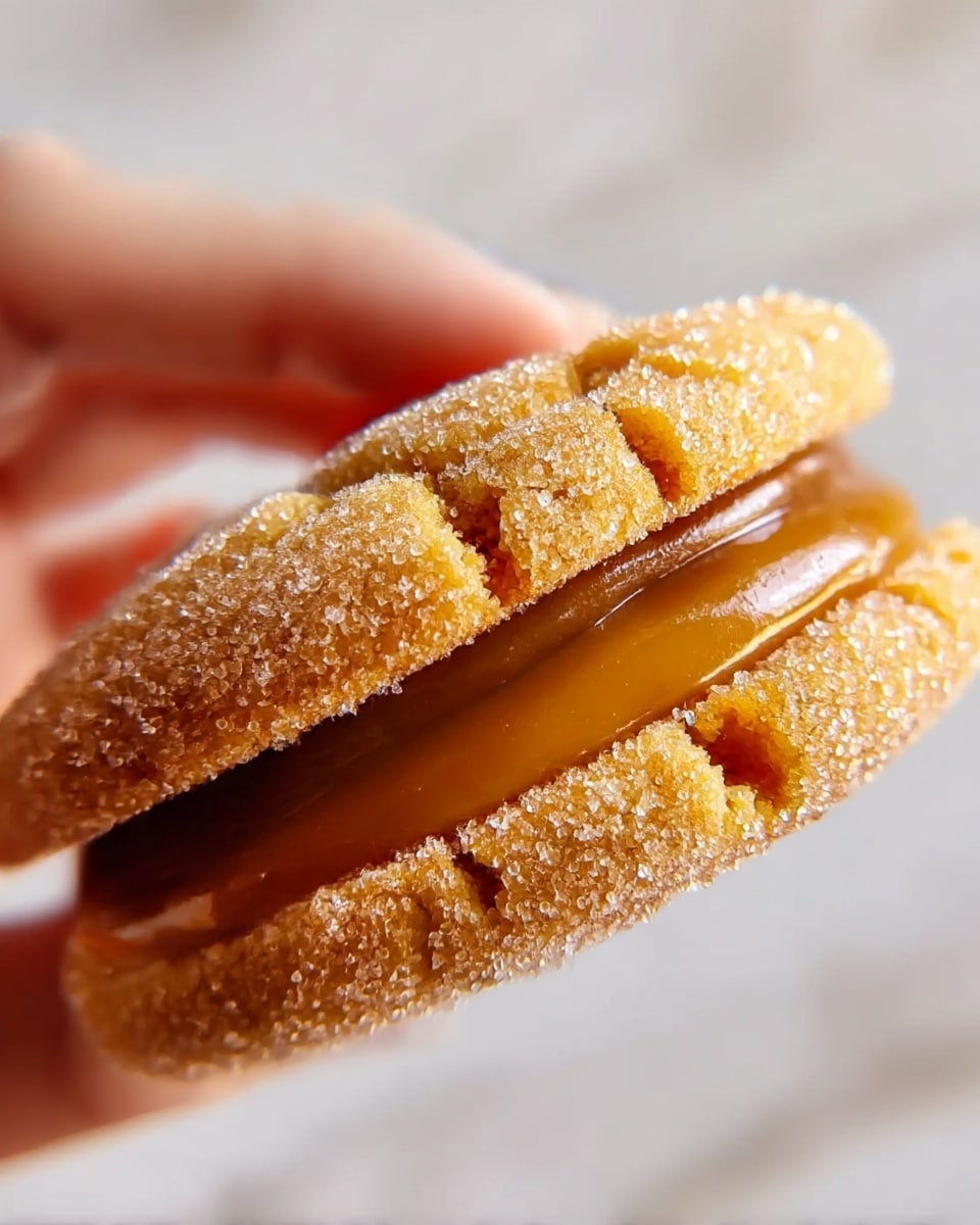 A close-up view of a cookie sandwich held by a woman's hand, showing two thick, golden-brown cookies covered with a granulated sugar coating that sparkles in the light. Between the cookies, there is a smooth, glossy caramel layer in a rich amber color, slightly oozing out at the edges. The cookie texture looks crumbly and soft, with small cracks visible on the surface. The background is softly blurred with a white marbled texture, emphasizing the dessert's warm colors and details. photo taken with an iphone --ar 4:5 --v 7