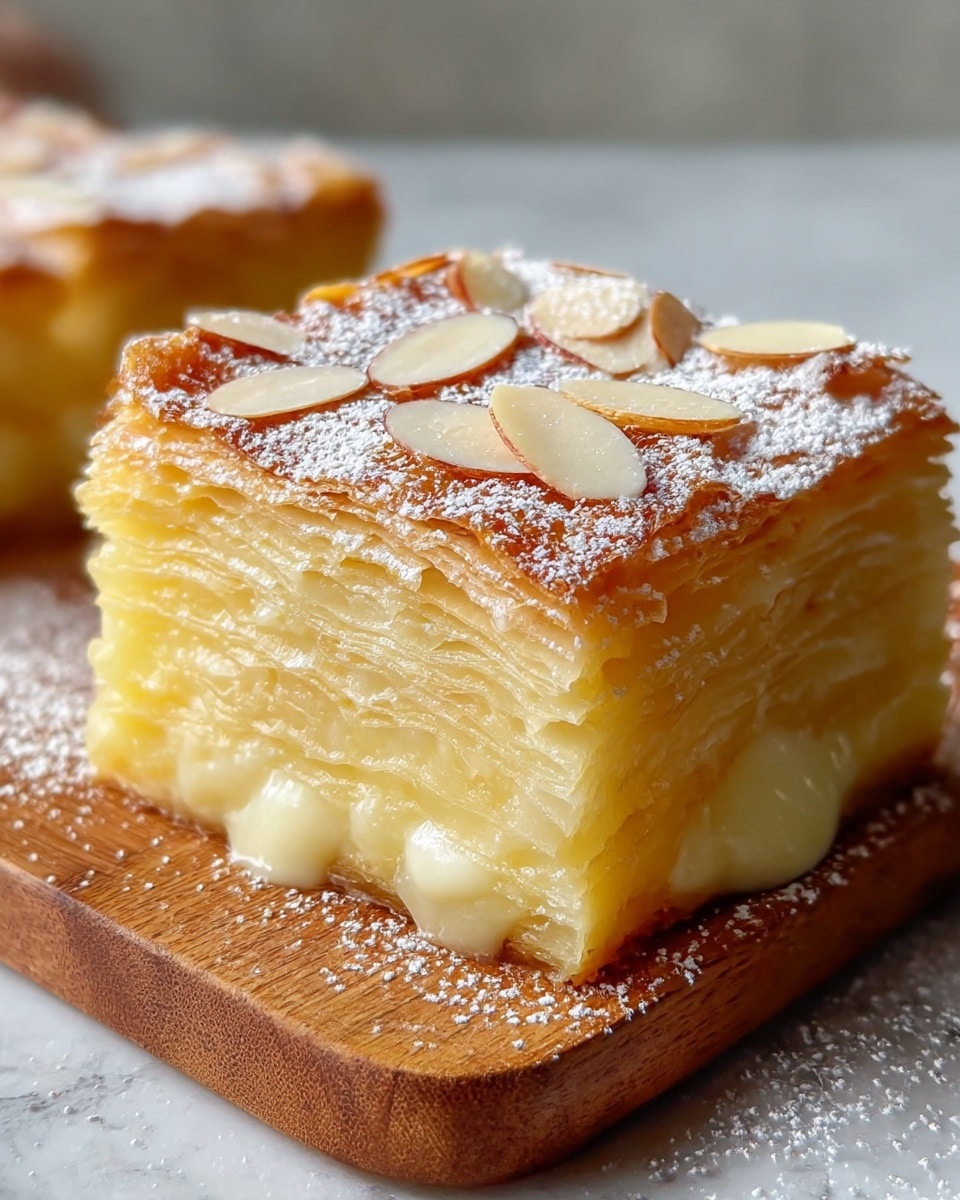 A close-up of a square piece of layered dessert with thin slices of golden-yellow pastry stacked neatly, showing about 7-8 translucent layers. The top is browned and sprinkled with thin almond slices and powdered sugar, creating a textured look. Cream is slightly oozing out from the bottom edge. The dessert rests on a wooden board with some powdered sugar scattered around, all set on a white marbled surface in soft natural light. photo taken with an iphone --ar 4:5 --v 7