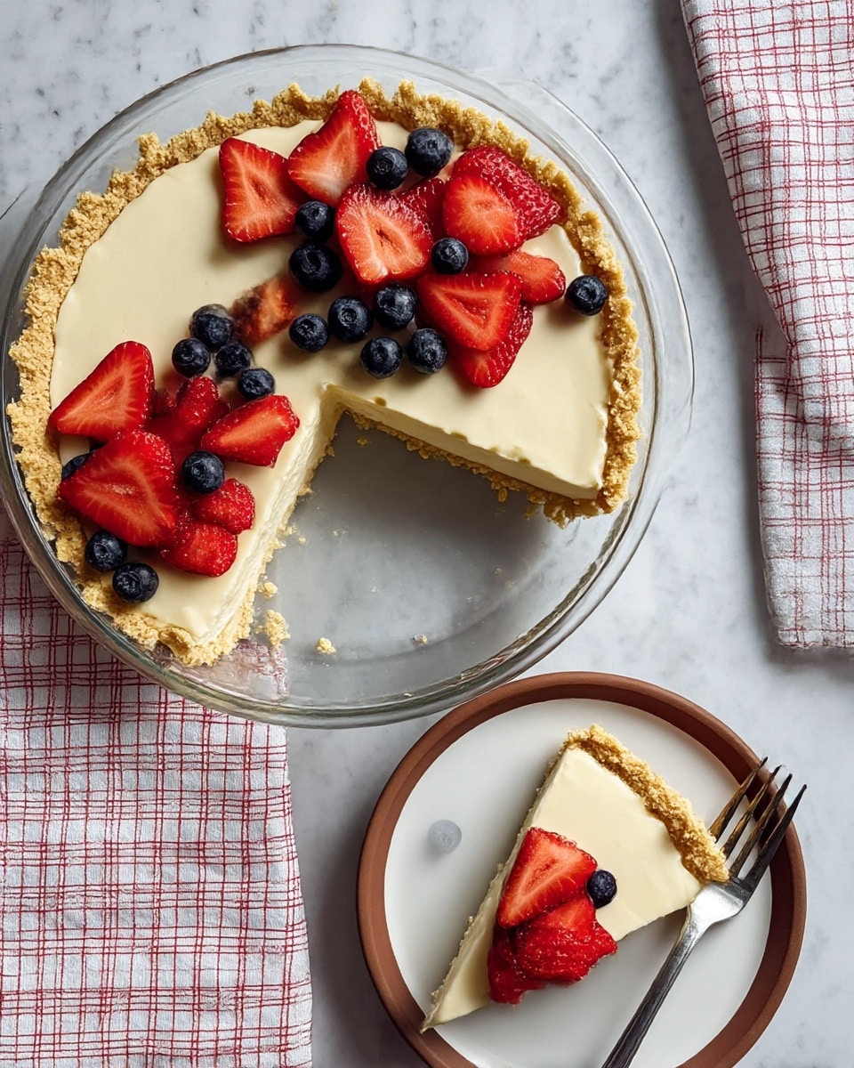 A creamy, pale yellow pie with a thick, rough-textured golden crust around the edge is shown in a clear glass pie dish, with one slice removed. On top of the pie, fresh red strawberry slices and round dark blue blueberries are scattered mainly in the center and towards one side. The removed slice is placed on a white plate with a brown rim, and it has the same smooth creamy layer topped with similar strawberry slices and blueberries. A silver fork rests next to the slice on the plate. Both dishes sit on a white marbled surface covered partly by a white towel with a red grid pattern. photo taken with an iphone --ar 4:5 --v 7