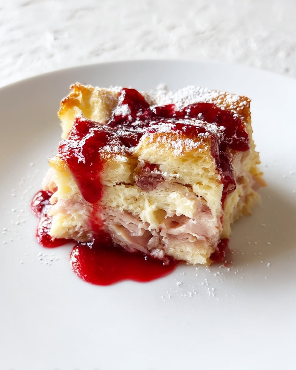 A piece of bread pudding sits on a white plate with a white marbled texture surface. The bread pudding has three visible layers: the bottom layer is soft, folded slices of ham in pale pink color, the middle layer is light and fluffy bread with a golden brown top crust, and the top layer is drizzled with a glossy, deep red berry sauce that pools slightly on the plate. The dish is dusted with fine white powdered sugar, adding a delicate texture contrast to the warm colors. Photo taken with an iphone --ar 4:5 --v 7