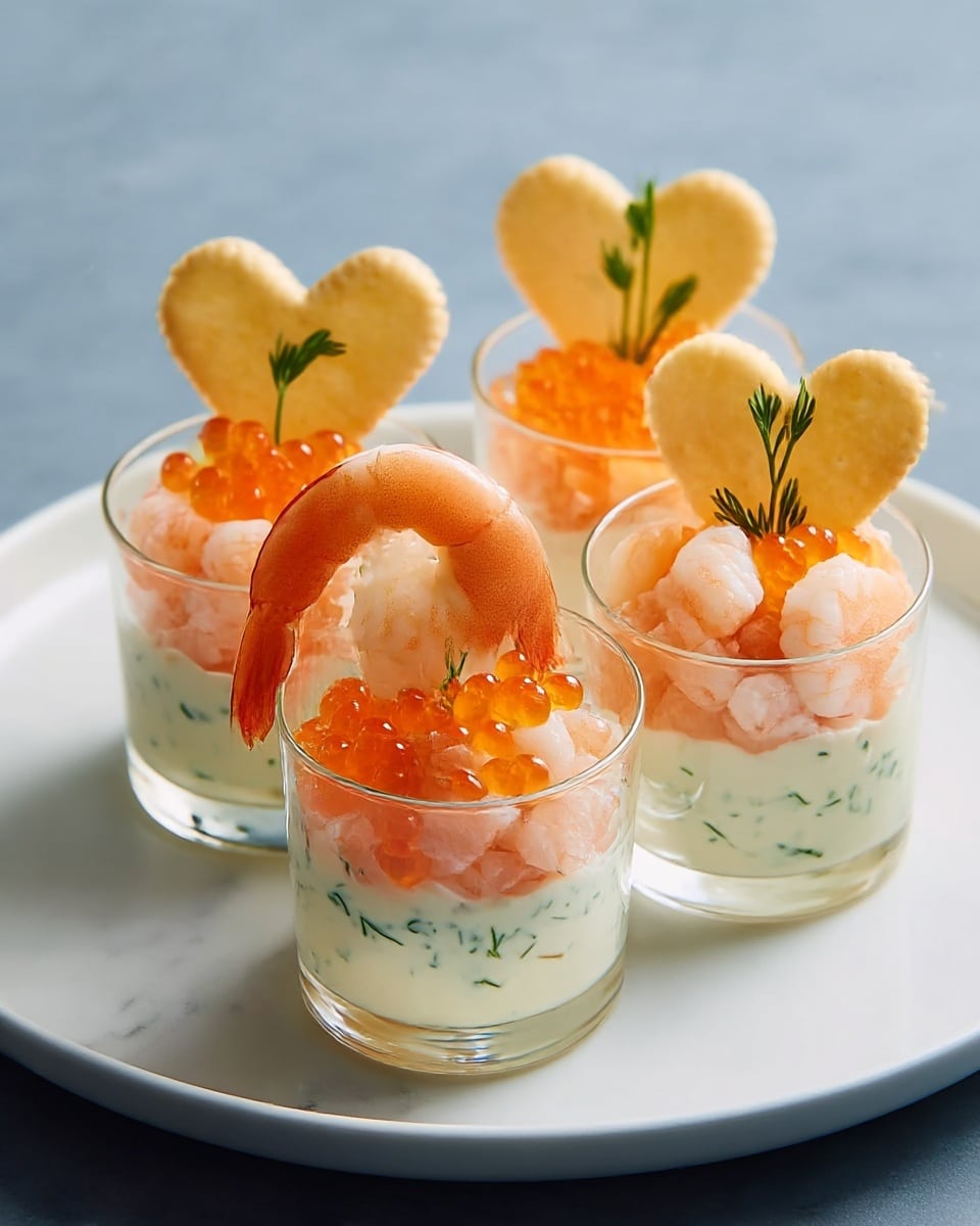 Four small clear glasses are neatly placed on a white plate. Each glass has three visible layers: the bottom layer is creamy white with green herb specks, the middle layer is a pile of pink and white shrimp pieces, and the top layer features a few bright orange fish roe. A whole shrimp with an orange tail curves around the rim of each glass. Each glass is decorated with a heart-shaped pale yellow cracker and a small green herb sprig standing upright behind the shrimp. The setting is on a white marbled texture. photo taken with an iphone --ar 4:5 --v 7
