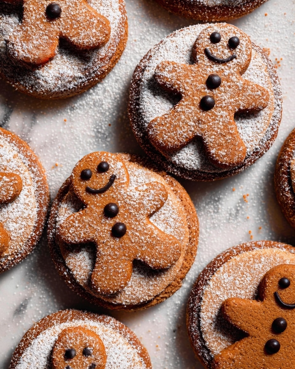 The image shows round gingerbread cookies with a star-shaped gingerbread cookie on top of each one, decorated with three small dark spots. The cookies have a warm brown color and a sugar coating that gives a rough, sparkly texture on their surface. One cookie in the center is broken into two pieces, revealing a soft, dense, and slightly crumbly inside layer with a similar warm brown shade. The cookies are placed closely together on a white marbled surface with some scattered sugar crystals around them. photo taken with an iphone --ar 4:5 --v 7