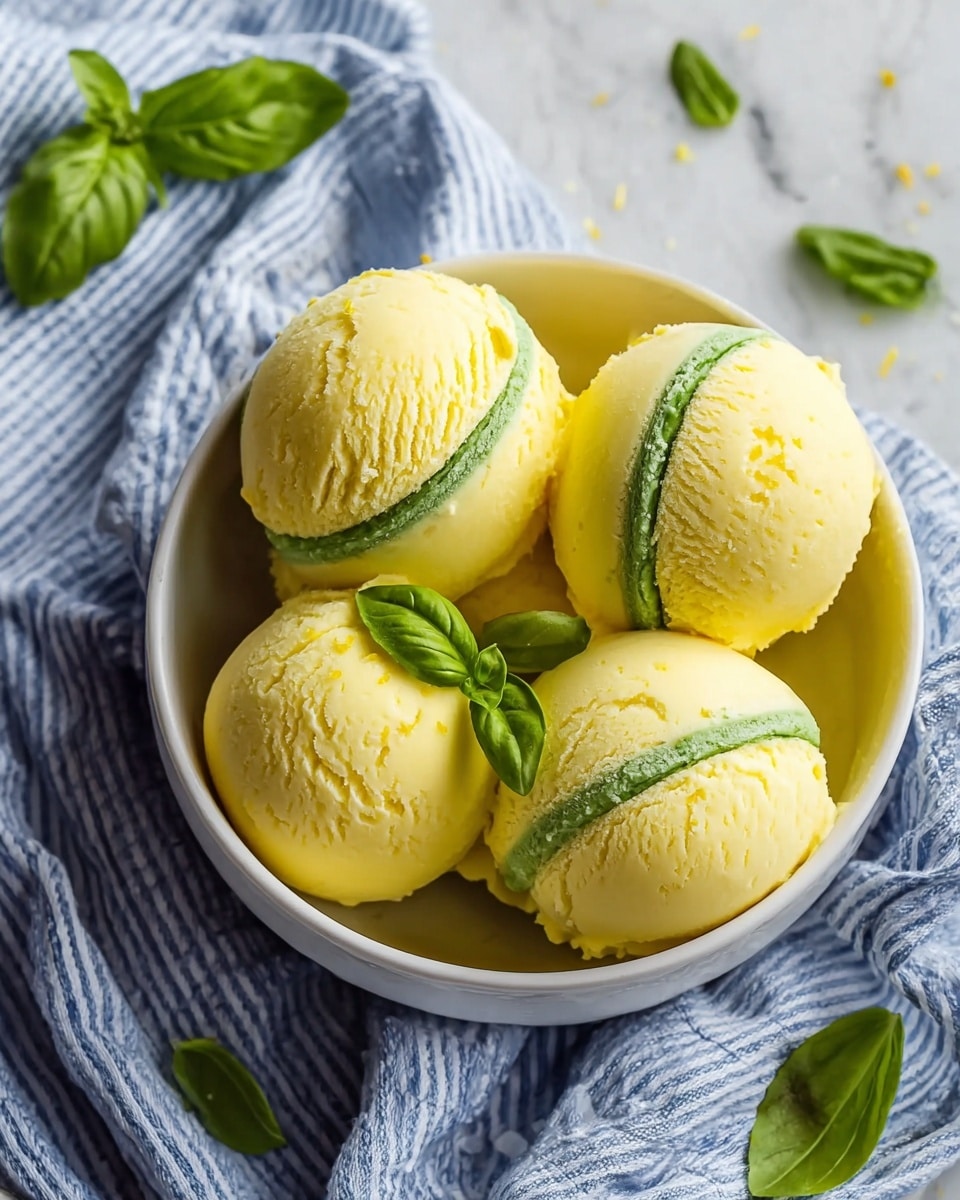 A white bowl filled with four round scoops of yellow ice cream, each scoop separated in the middle by a thin, bright green layer that looks smooth and fresh. The ice cream has a soft, creamy texture with small specks of yellow zest visible, and the green layers create a clean contrast. Fresh green basil leaves are placed on and around the ice cream, adding a touch of natural color. The bowl sits on a blue and white striped cloth with a white marbled surface as the background. Photo taken with an iphone --ar 4:5 --v 7