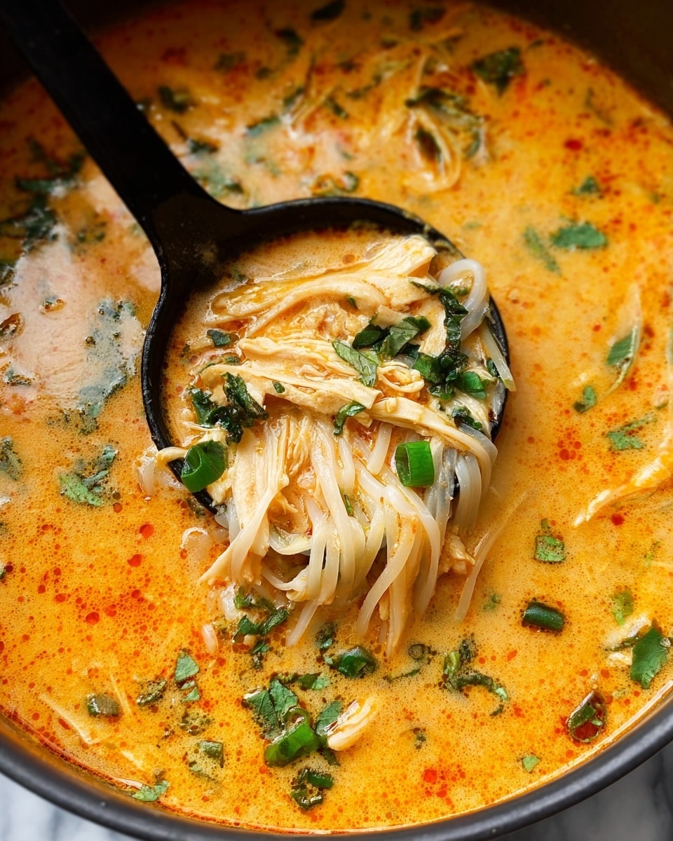 The image shows a close-up of a creamy orange soup with a smooth, slightly oily texture, filled with soft white noodles and tender shredded chicken pieces. Dark green chopped herbs and small slices of green onion float on the surface, adding contrast and freshness. A black ladle is scooping up a portion of the noodles and chicken from the soup, highlighting the different textures. The soup base looks rich and thick with a vibrant orange color and specks of red seasoning scattered throughout. The photo is set against a white marbled texture. photo taken with an iphone --ar 4:5 --v 7