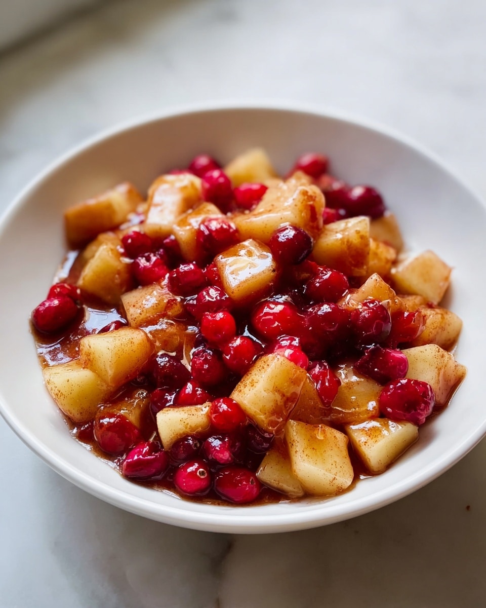 A white bowl filled with a mix of diced golden brown cooked apples and bright red cranberries, coated in a shiny, sticky sauce with a hint of cinnamon powder sprinkled on top. The fruit pieces are chunky and appear soft and juicy, sitting slightly piled above the rim of the bowl. The bowl is placed on a white marbled surface, with soft natural light coming from the top right corner highlighting the glossiness of the sauce and the vibrant colors of the fruit. photo taken with an iphone --ar 4:5 --v 7