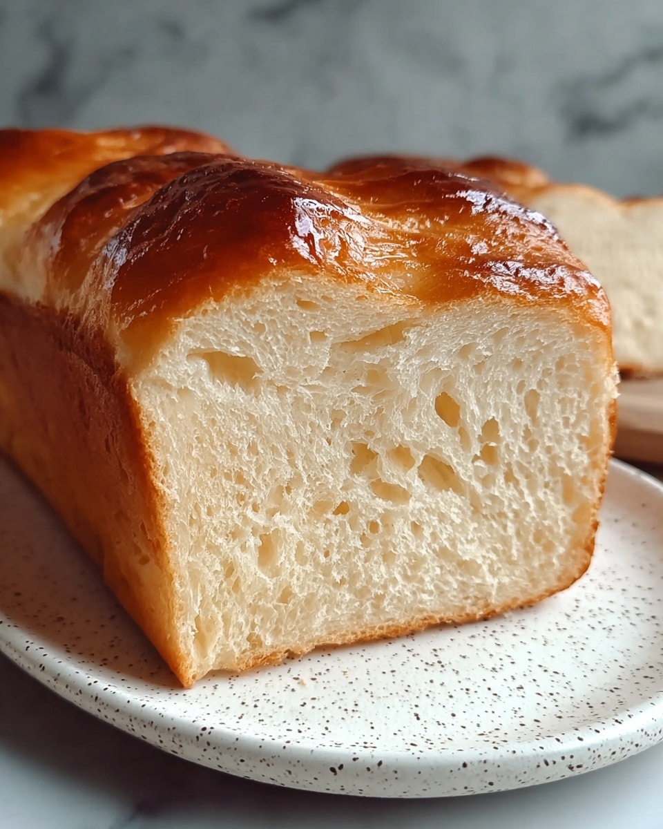 A close-up of a sliced loaf of bread with a shiny, golden-brown crust on top that is slightly puffed and textured, showing a soft, fluffy, light cream-colored interior with small air holes, sitting on a white speckled plate placed on a white marbled surface. photo taken with an iphone --ar 4:5 --v 7