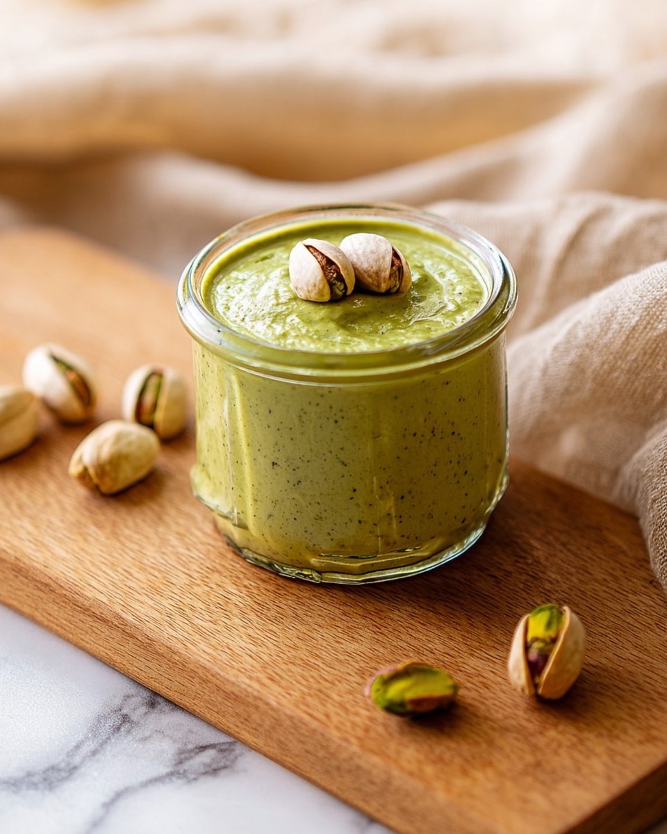 A clear glass jar filled with smooth, green pistachio cream sits on a wooden board, showing tiny dark specks within the cream. The jar is topped with three whole pistachio nuts. Around the jar, there are several open pistachio shells placed casually on the wooden board. The background is a soft beige fabric, and the surface beneath the board is changed to a white marbled texture. The scene is bright and clean-looking. photo taken with an iphone --ar 4:5 --v 7