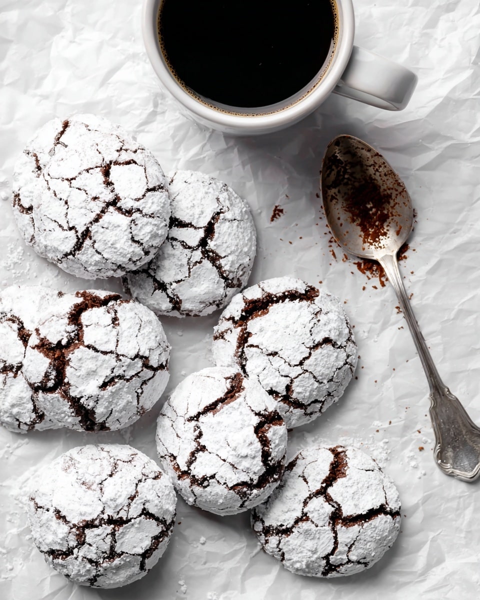 A group of round chocolate crinkle cookies covered in a thick layer of white powdered sugar, showing deep cracks where the dark chocolate inside is visible. The cookies are laid out on crinkled white parchment paper over a white marbled surface. On the top edge, there is a white cup filled with dark black coffee, and to the right side, a silver spoon rests with traces of chocolate on it. The photo is bright with a soft natural light, showing texture details of the powdered sugar and the rough cookie surface. Photo taken with an iphone --ar 4:5 --v 7