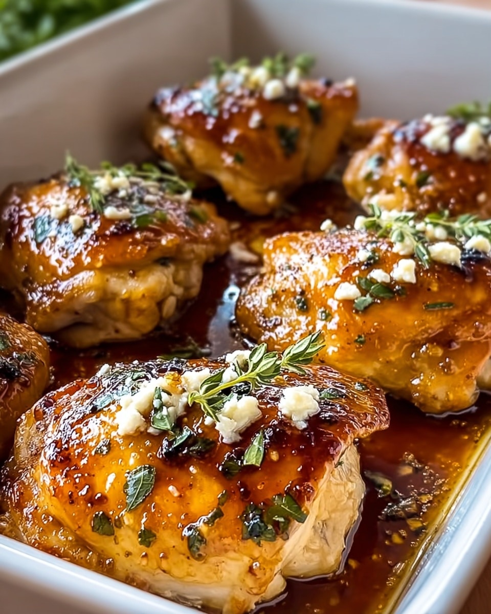 The image shows a white baking dish filled with five golden-brown chicken thighs. Each piece has a shiny, glazed surface with a caramelized texture, covered with small bits of white cheese scattered on top. Fresh green herb pieces are sprinkled across the chicken, adding contrast to the rich brown glaze. One chicken thigh is cut open, showing the tender, light beige inside. The dish rests on a white marbled texture background. photo taken with an iphone --ar 4:5 --v 7