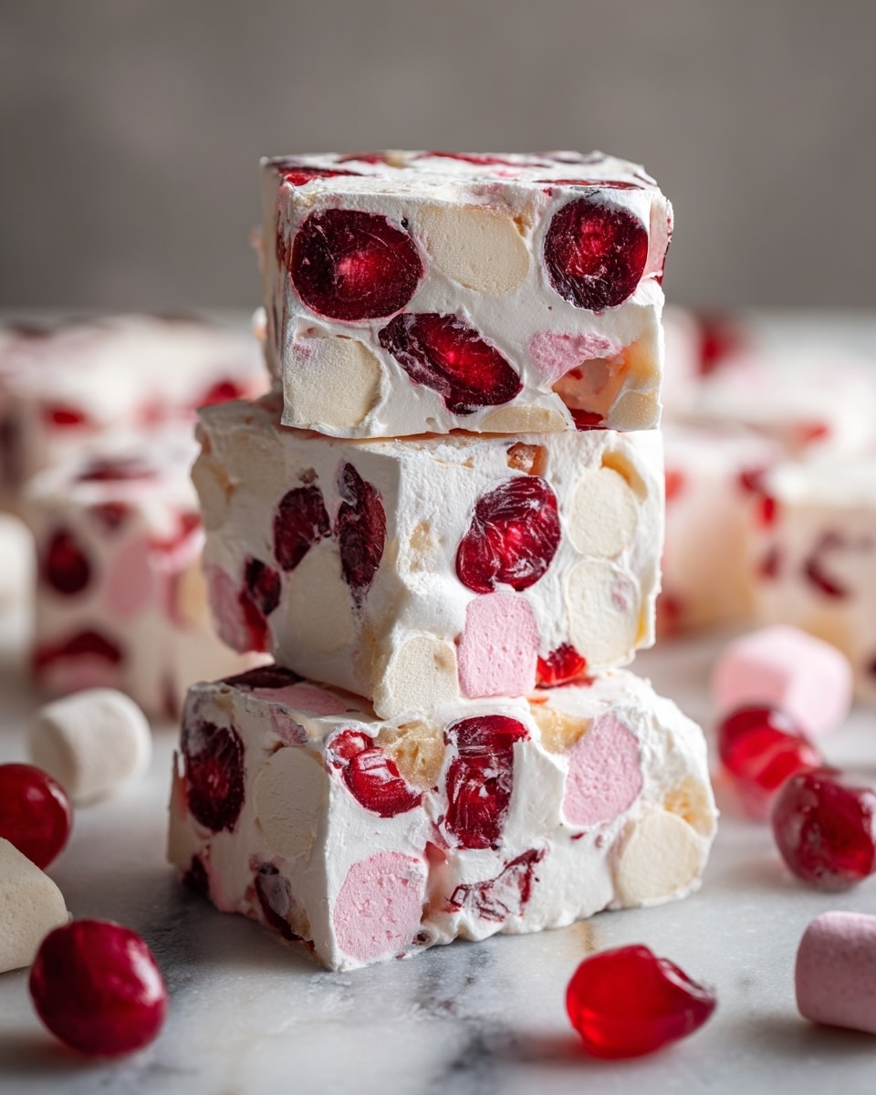 The image shows a stack of three white nougat squares placed on a white marbled surface, each filled with bright red cherries and light pink and cream marshmallows. The nougat blocks look soft and fluffy with the colorful cherries and marshmallows embedded inside, giving the treat a textured and chunky appearance. Around the base, more pieces of nougat and scattered cherries add depth to the scene. photo taken with an iphone --ar 4:5 --v 7