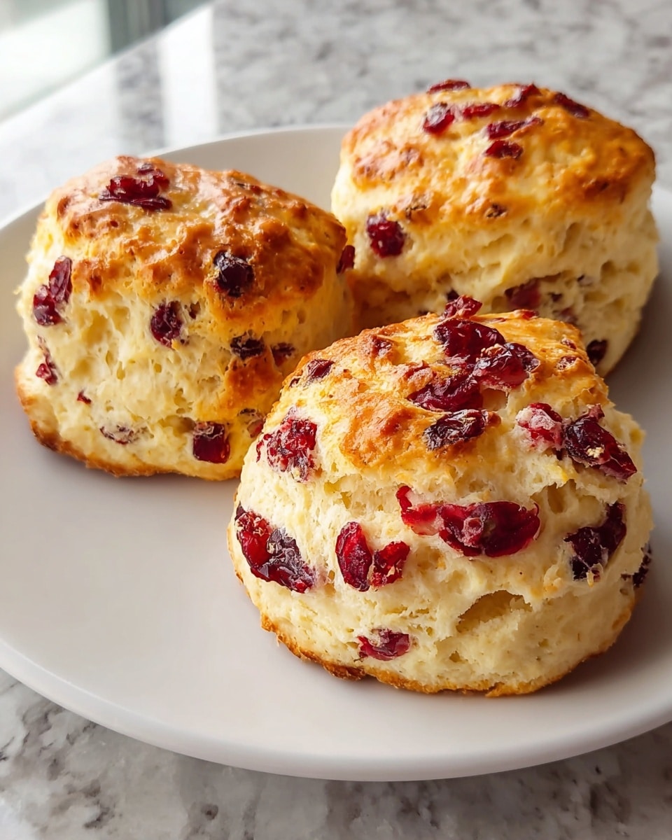 Three round, golden-brown scones with a slightly crispy top sit on a white plate. Each scone has a light, fluffy texture and is filled with bright red dried cranberries scattered throughout the dough in all layers. The bottoms of the scones are a bit darker, showing a well-baked crust. The plate is placed on a white marbled surface near a window, giving a soft, natural light that highlights the warm colors of the scones. photo taken with an iphone --ar 4:5 --v 7