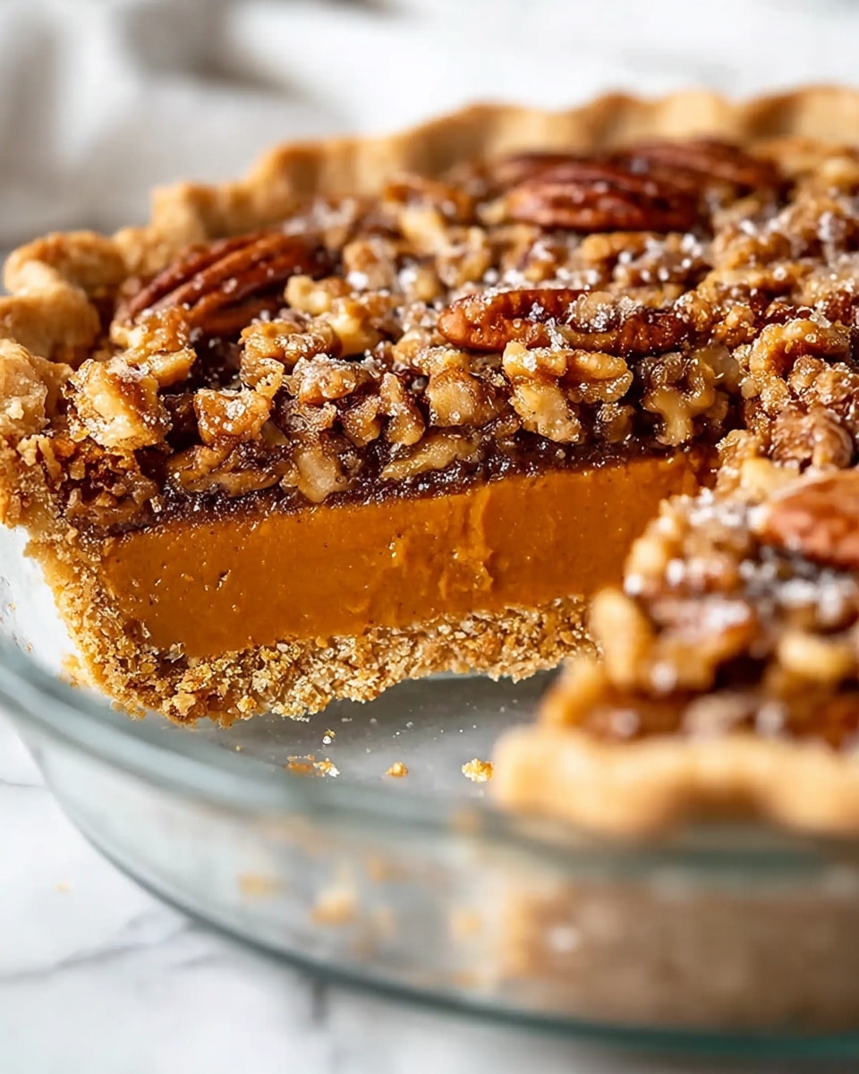 A slice of pie sits on a white plate with tiny dark speckles and a rough brown edge. The pie has three layers: a pale, crumbly crust at the bottom, a thick orange filling in the middle that looks smooth and soft, and a shiny, sticky top layer made of whole and chopped glazed pecans. To the right of the slice, a silver fork rests on the plate. The background is a white marbled surface with soft lighting that highlights the glossy nuts. Photo taken with an iphone --ar 4:5 --v 7
